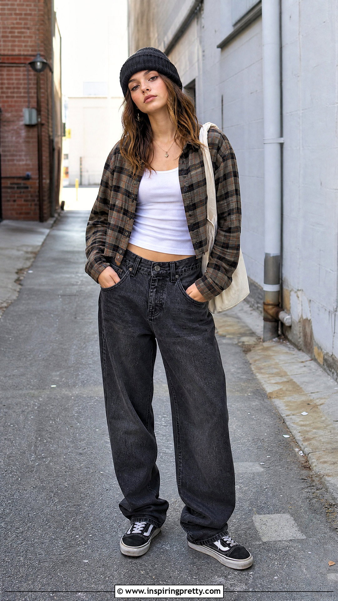 Cropped Flannel Shirt And Loose Jeans Streetwear Outfit - 50 streetwear tops outfit ideas