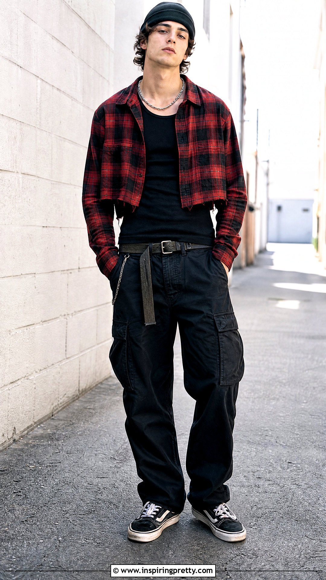 Cropped Flannel Shirt With Black Cargos - 50 male crop top outfits