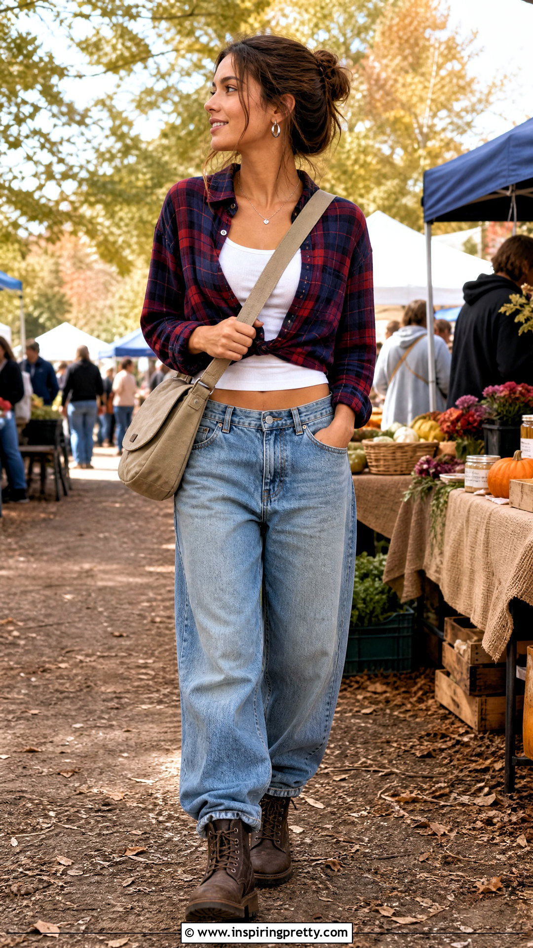 Cropped Flannel Shirt With Loose Jeans - 50 small top big pants outfit ideas
