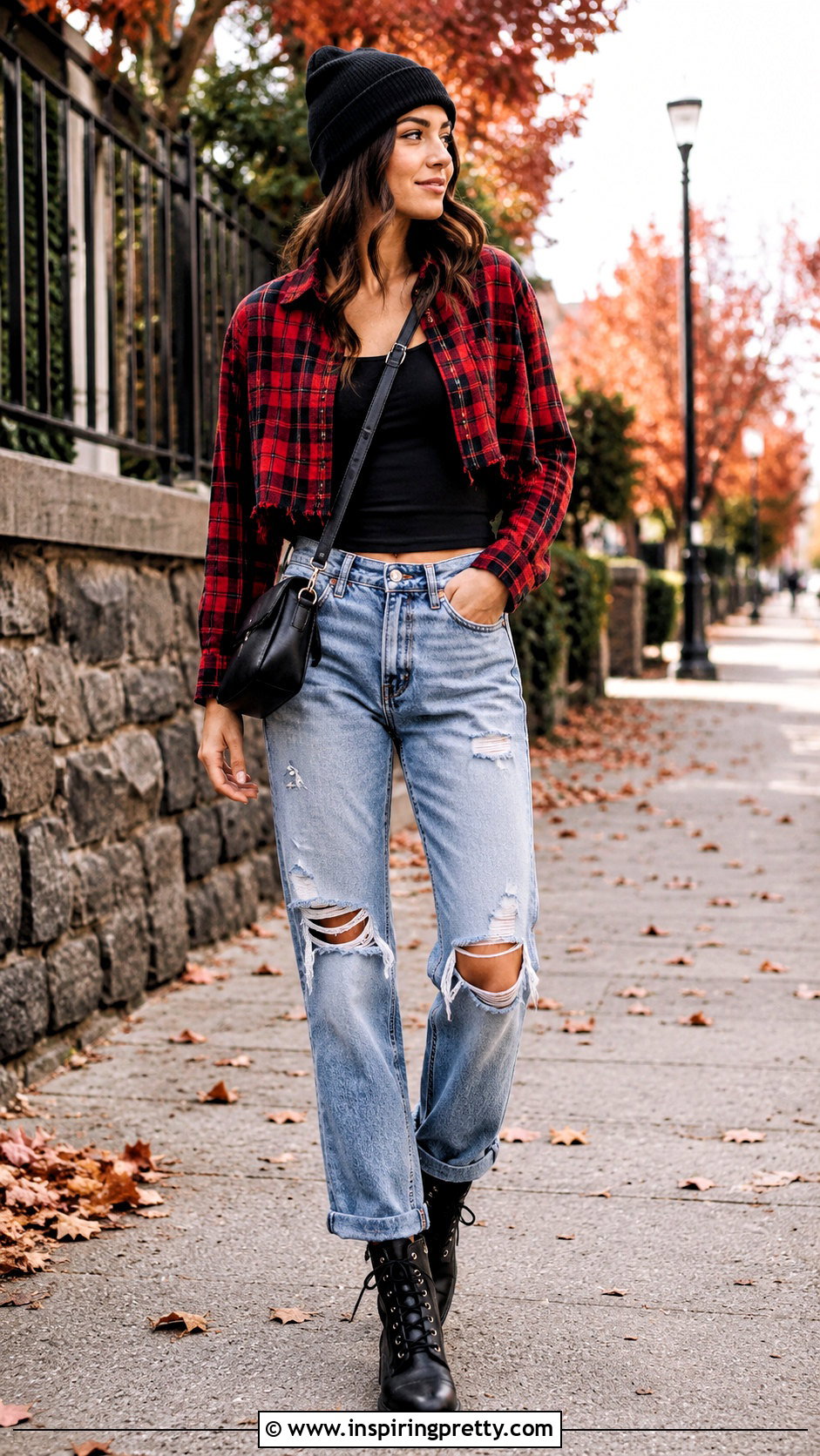 Cropped Flannel Shirt With Ripped Jeans - 50 jean crop top outfit ideas