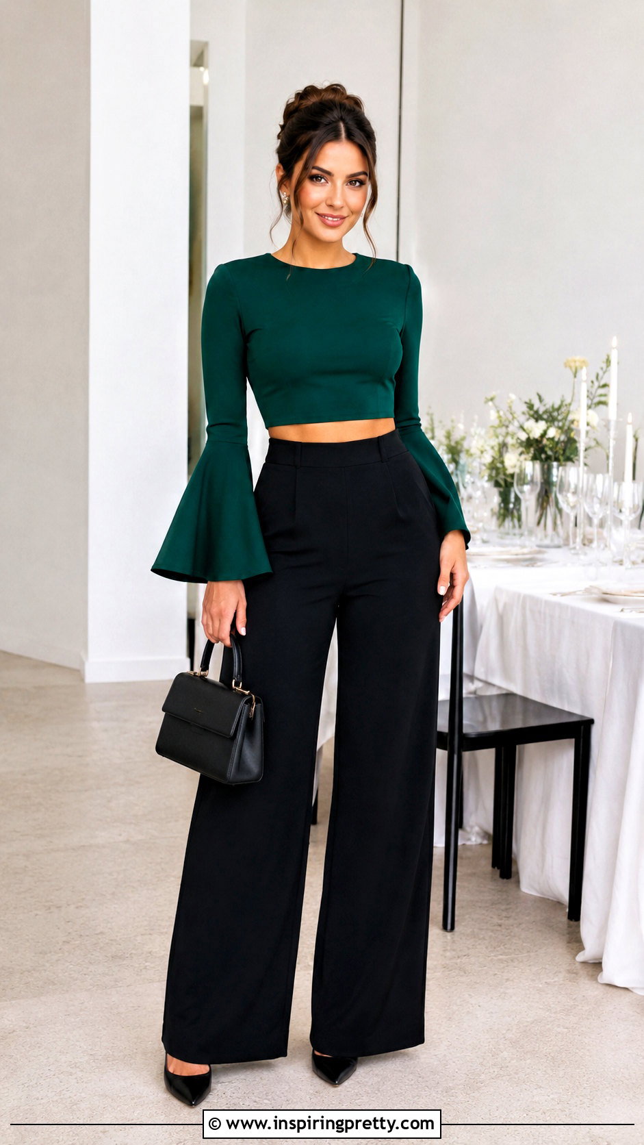 Cropped Fluted Sleeve Top With High Waisted Pants - 25 Fluted Sleeve Top outfit ideas