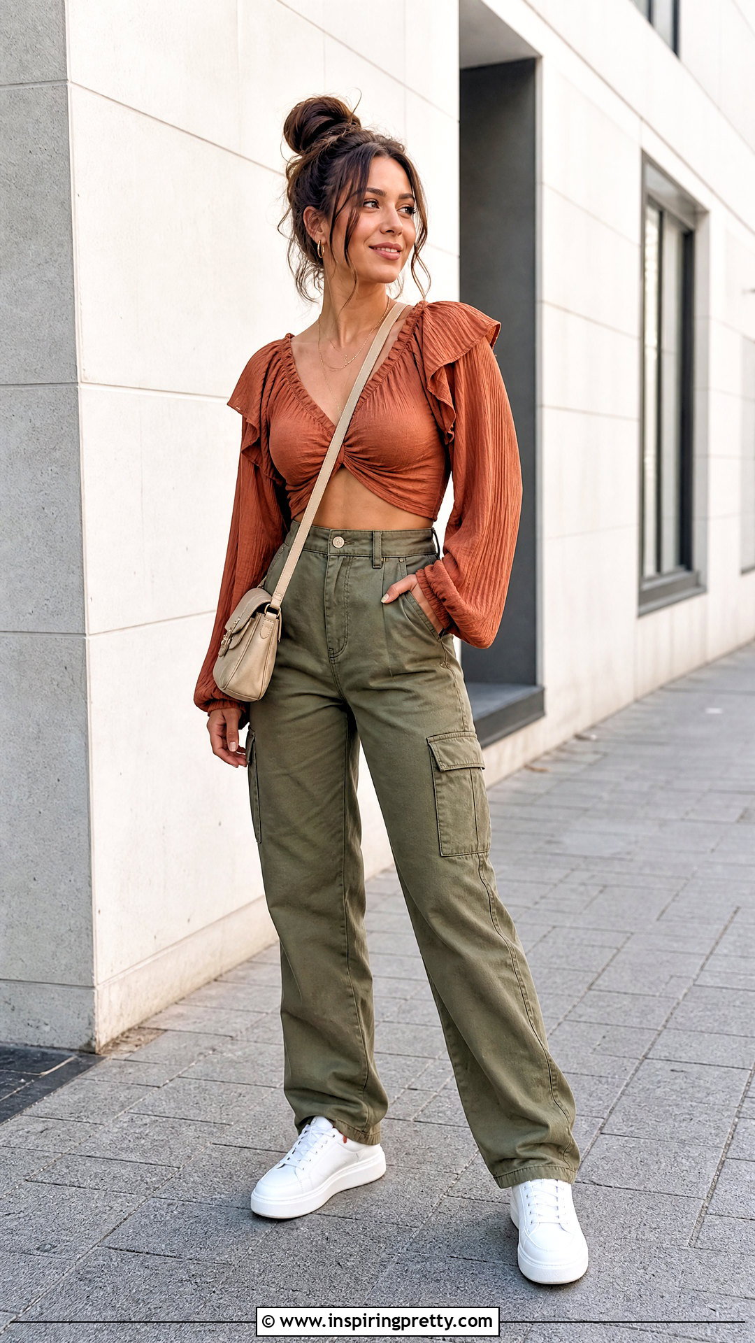 Cropped Flutter Long Sleeve Top With Cargo Pants - 20 flutter long sleeve top outfit ideas