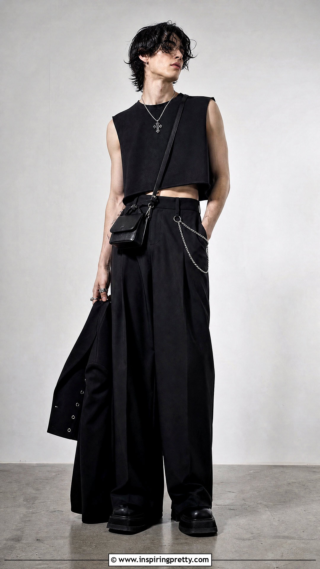 Cropped Goth Tank Top With High Waisted Trousers - 25 Goth Tank Top Men outfit ideas