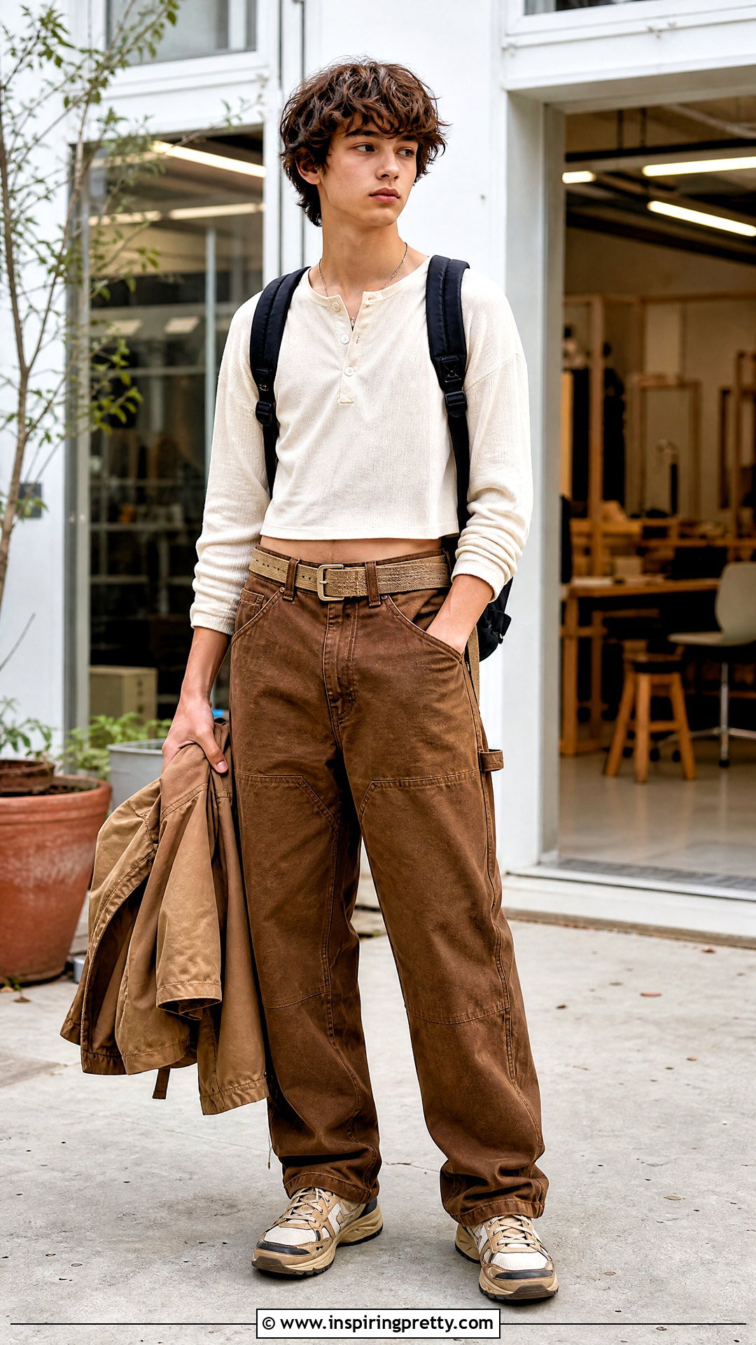 Cropped Henley Shirt With Carpenter Pants - 50 boys in crop tops outfit ideas