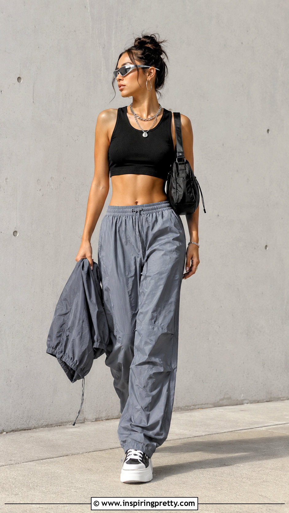 Cropped Hip Hop Tank Top With Parachute Pants - 20 hip hop tank tops outfit ideas