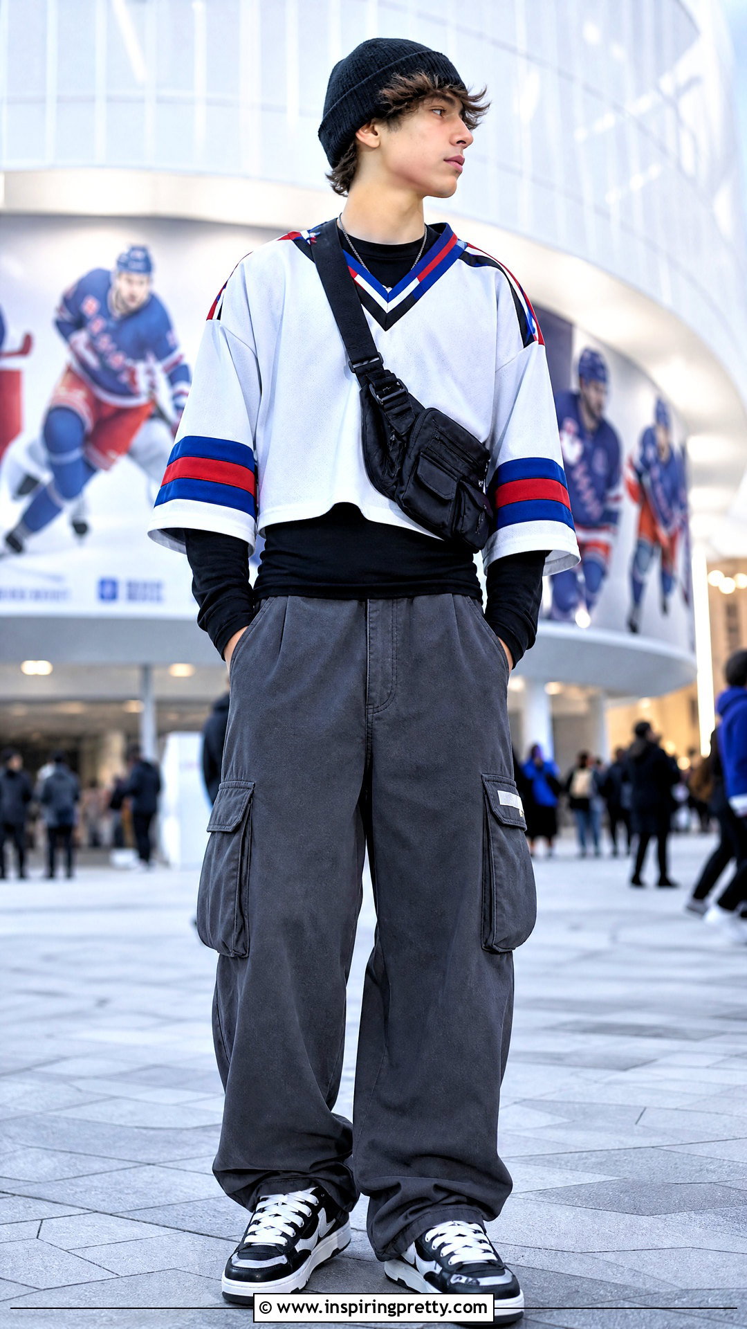 Cropped Hockey Jersey With Cargo Pants - 50 boys in crop tops outfit ideas