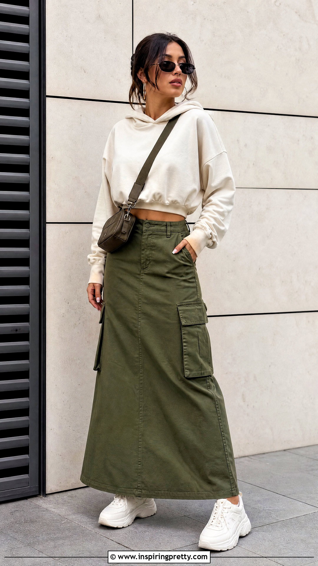 Cropped Hoodie And Cargo Maxi Skirt Outfit - 50 skirt and top outfits