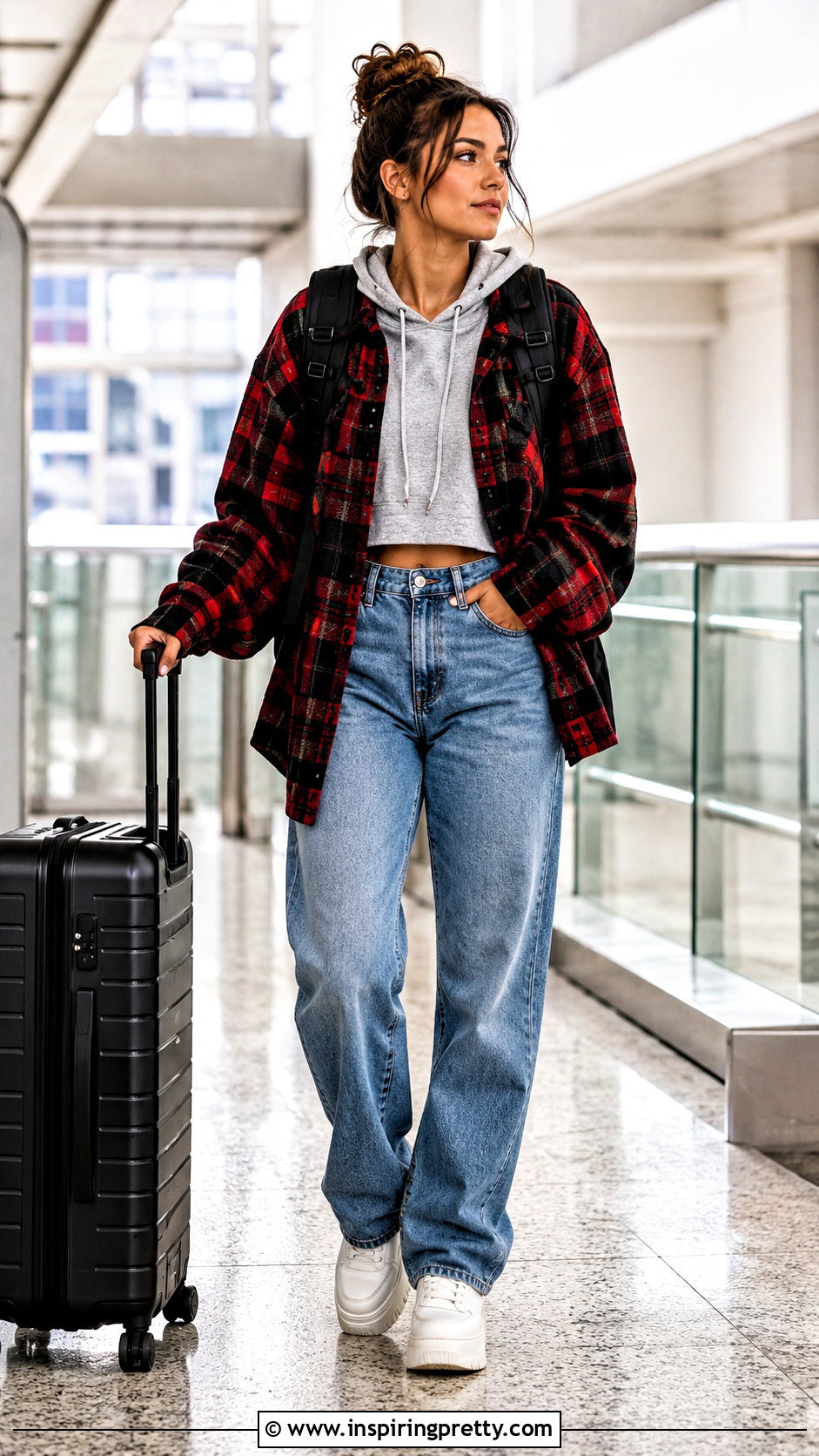 Cropped Hoodie Flannel and Relaxed Jeans - 25 crop top flannel outfits jeans