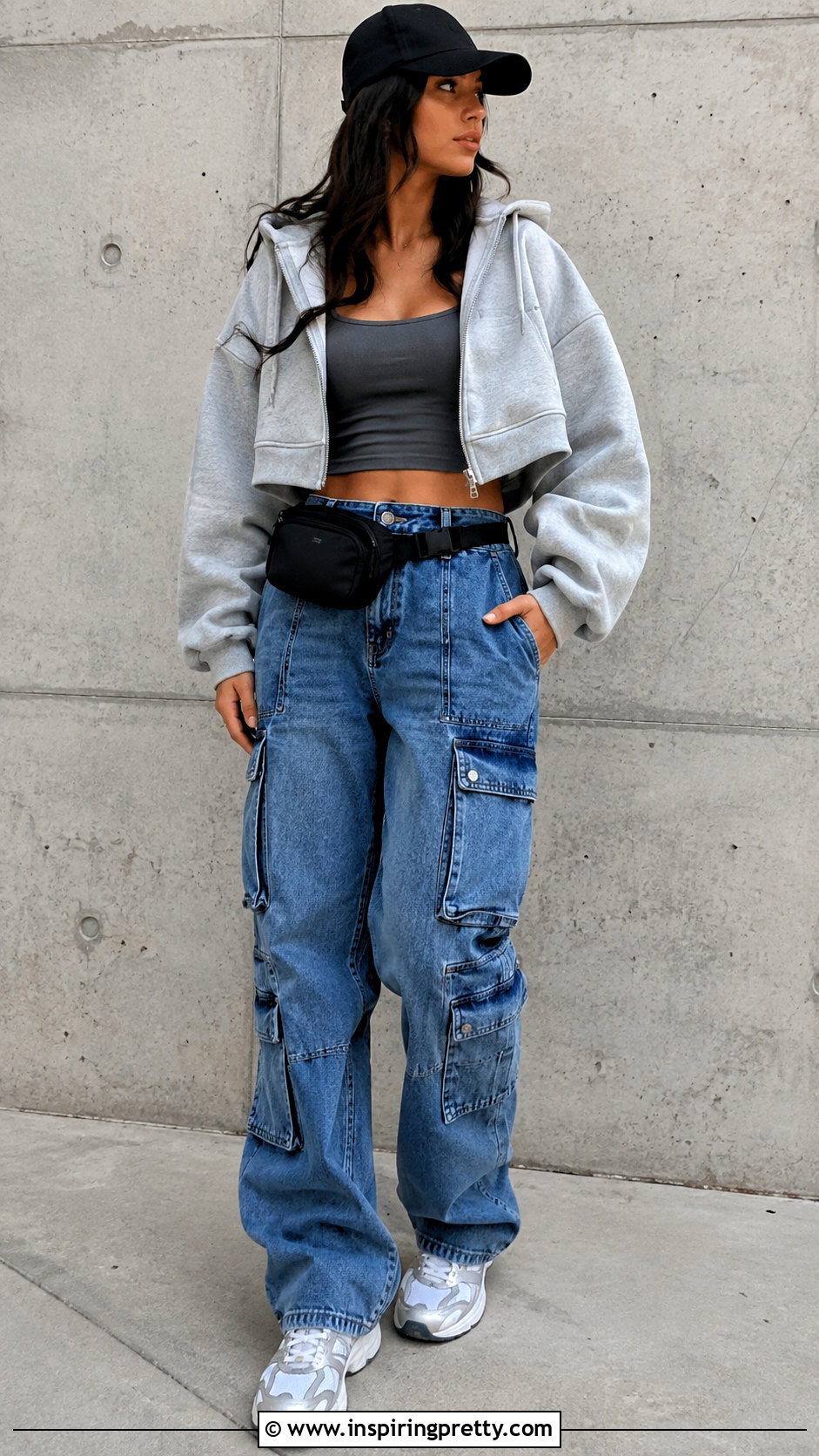 Cropped Hoodie With Cargo Jeans - 50 jean crop top outfit ideas