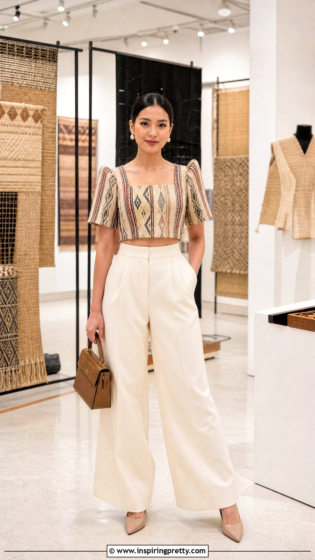 Cropped Inabel Terno Top With High Waisted Pants - 50 filipiniana top and pants