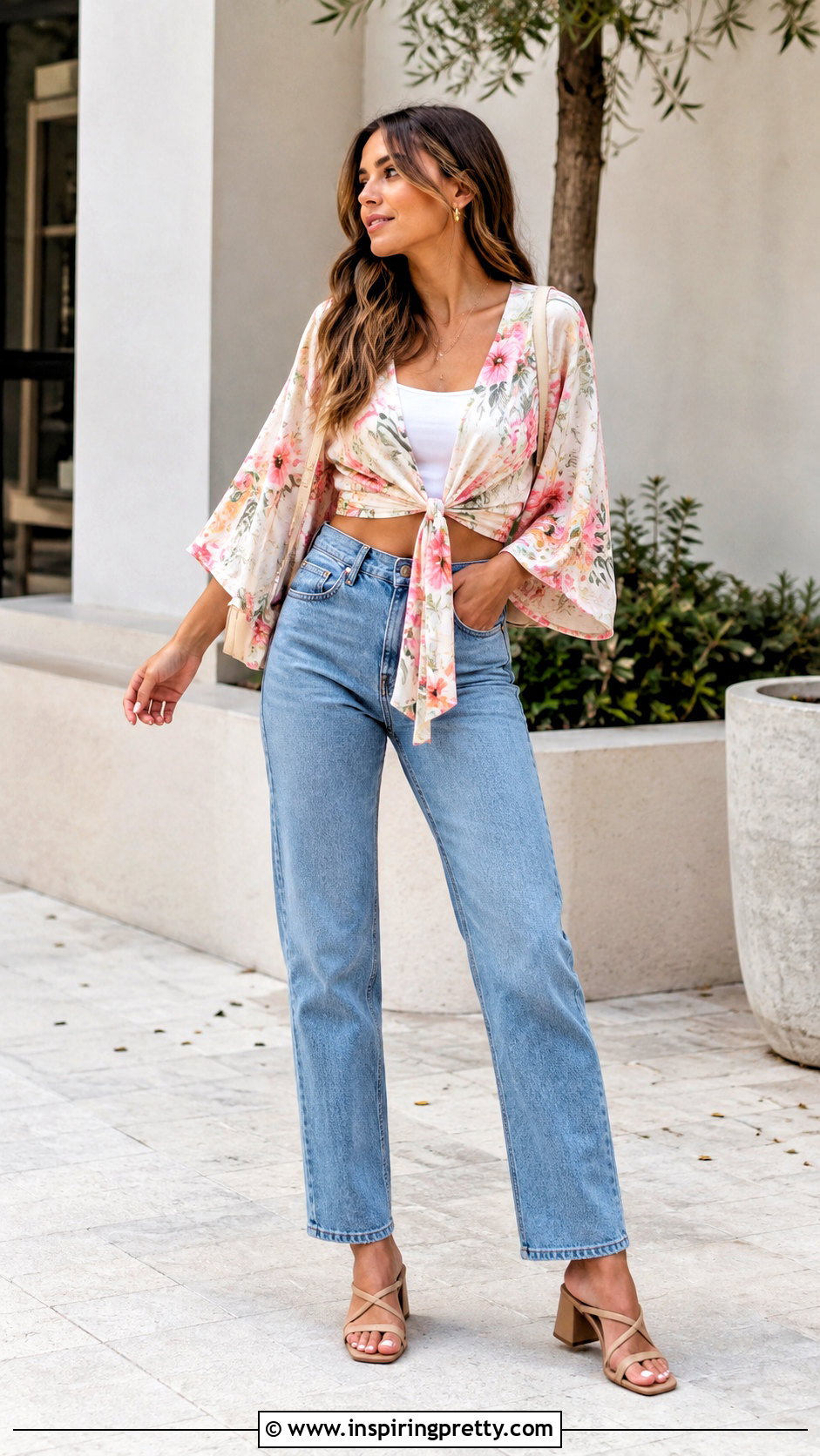 Cropped Kimono Top With High Waisted Jeans - 50 kimono top outfit ideas