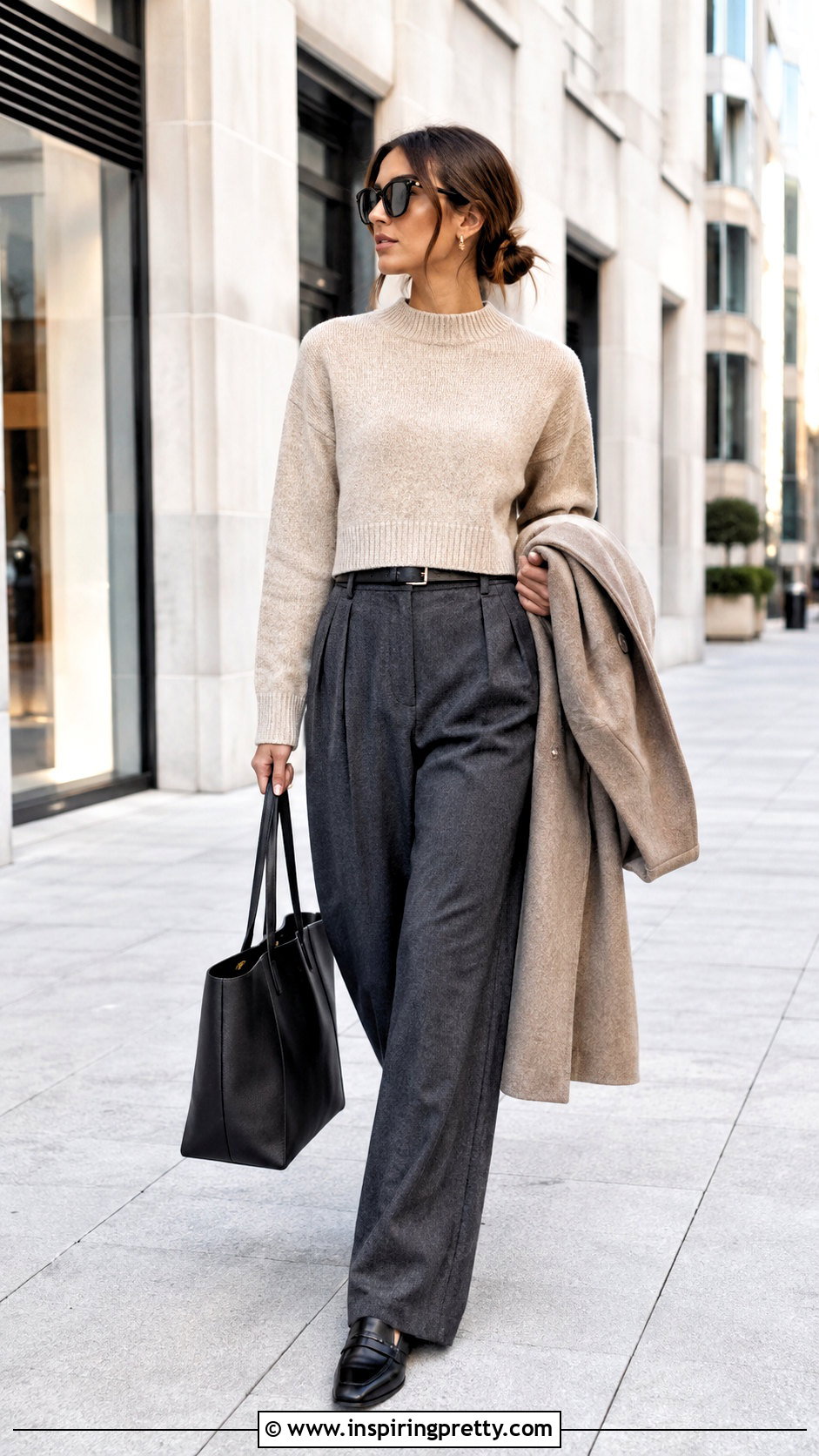 Cropped Knit Sweater With Wide Leg Trousers - 50 short crop tops outfit ideas