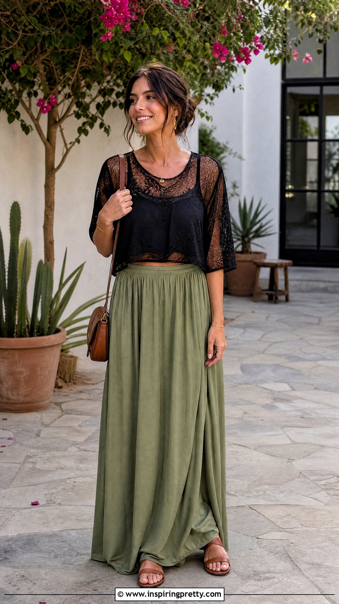 Cropped Lace Layering Top With Maxi Skirt - 50 Lace Layering Top Outfit ideas