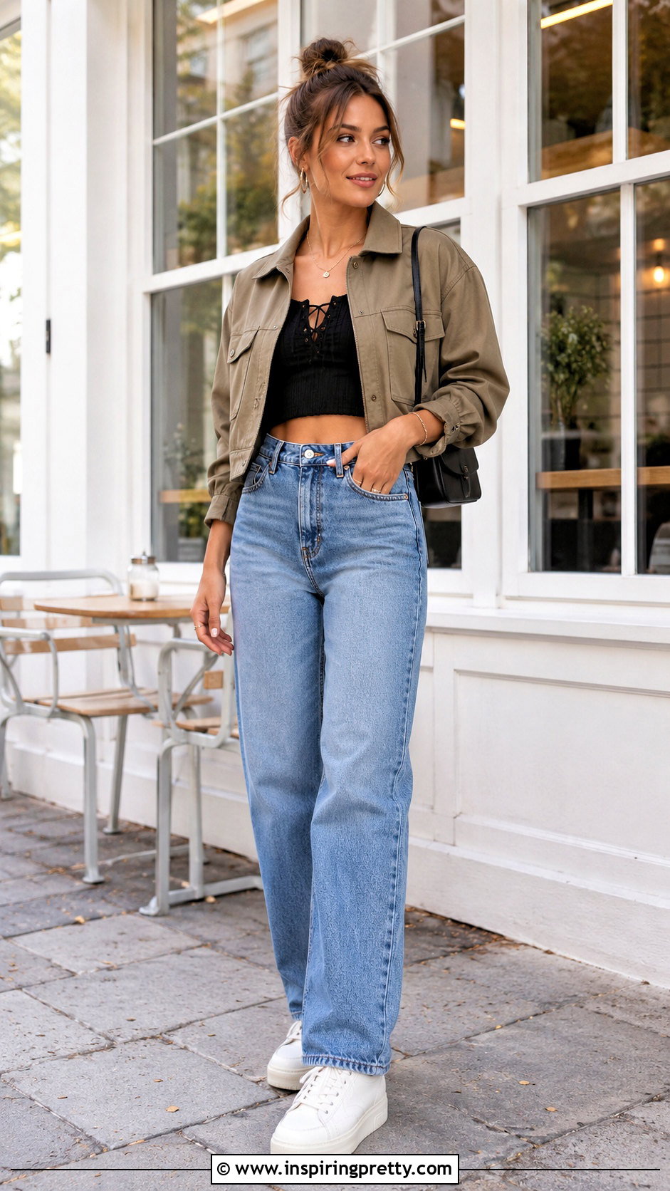Cropped Lace Up Neckline Top With High Waisted Jeans - 20 lace-up neckline top outfit ideas