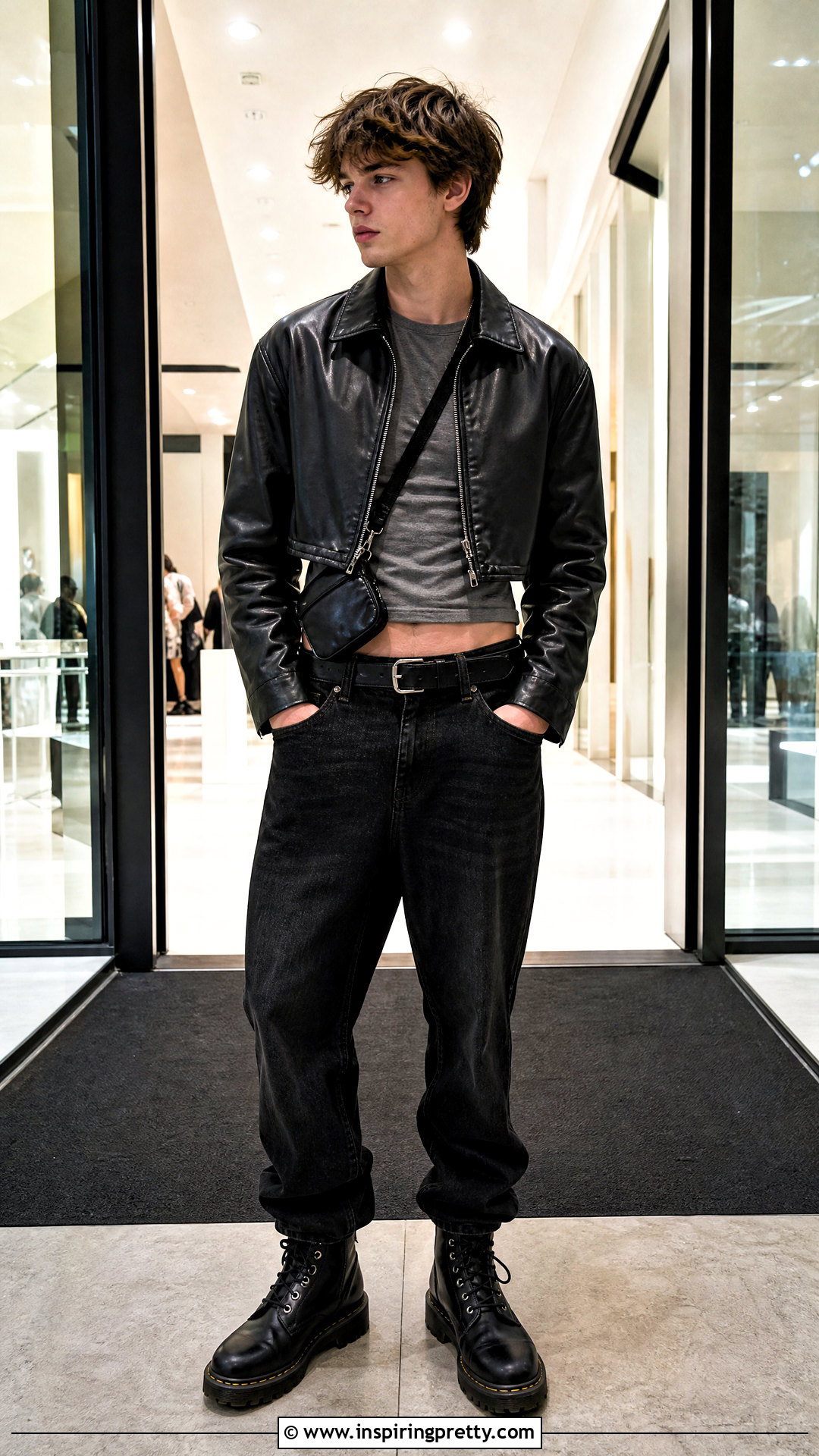 Cropped Leather Jacket With Black Jeans - 50 boys in crop tops outfit ideas