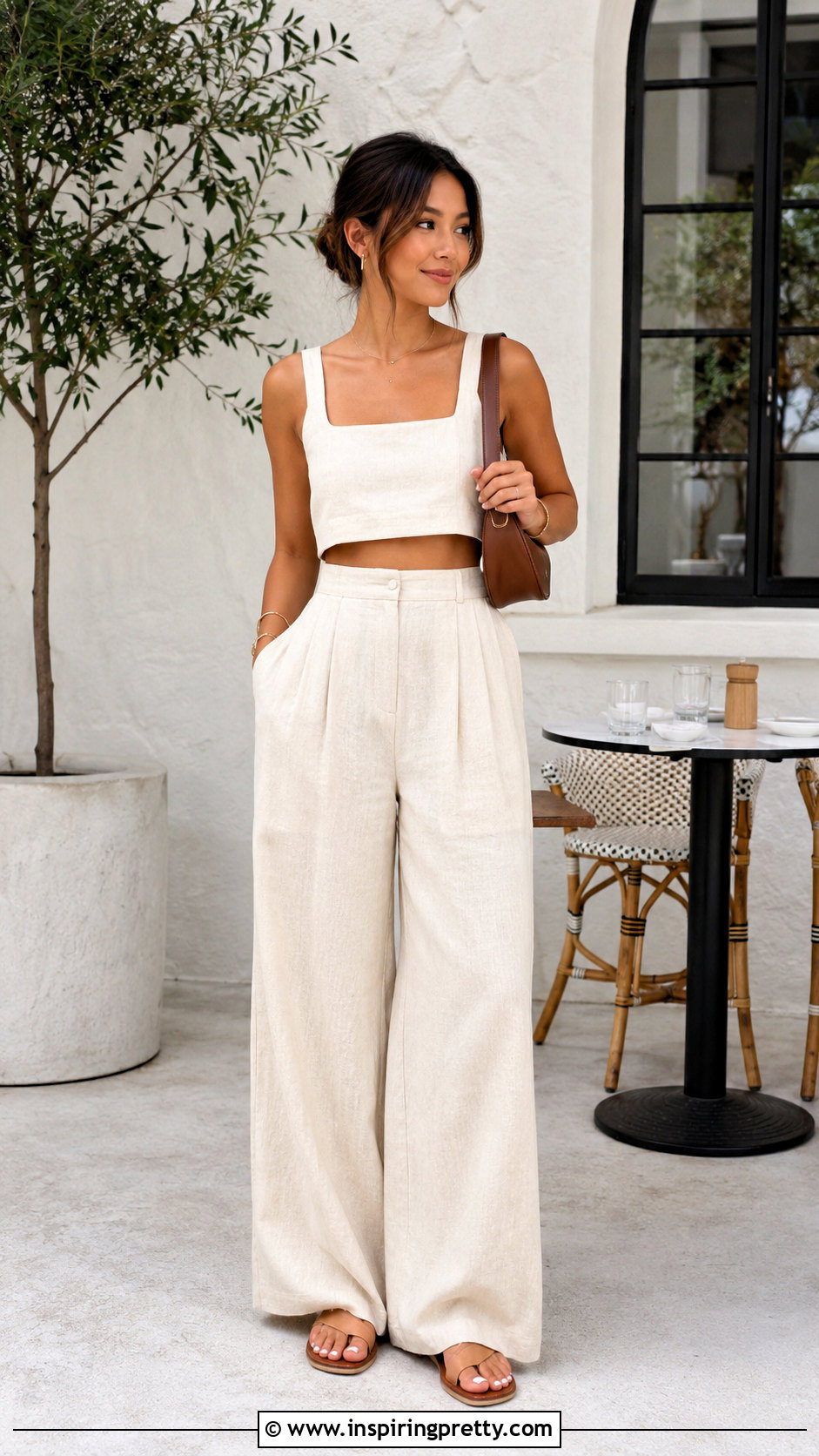Cropped Linen Top With Wide Leg Pants - 50 linen tops outfit ideas