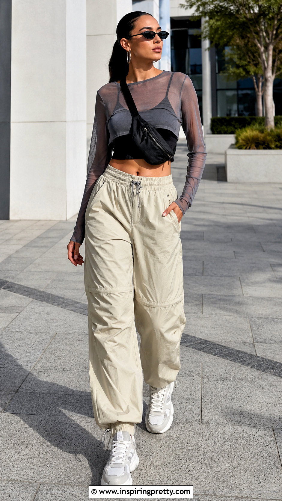 Cropped Mesh Sheer Top With Parachute Pants - 20 mesh sheer top outfit ideas