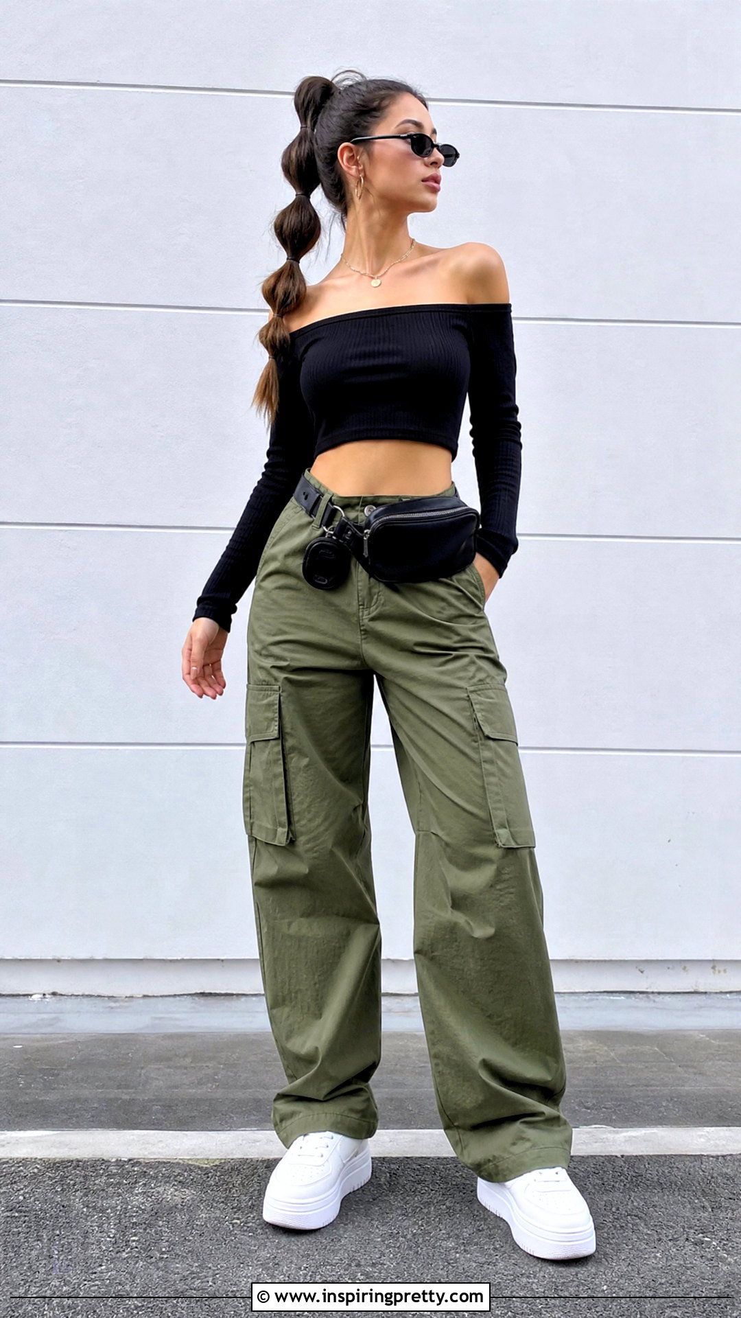 Cropped Off Shoulder Top With Bubble Ponytail and Cargo Pants - 50 hairstyle for off shoulder top outfit ideas