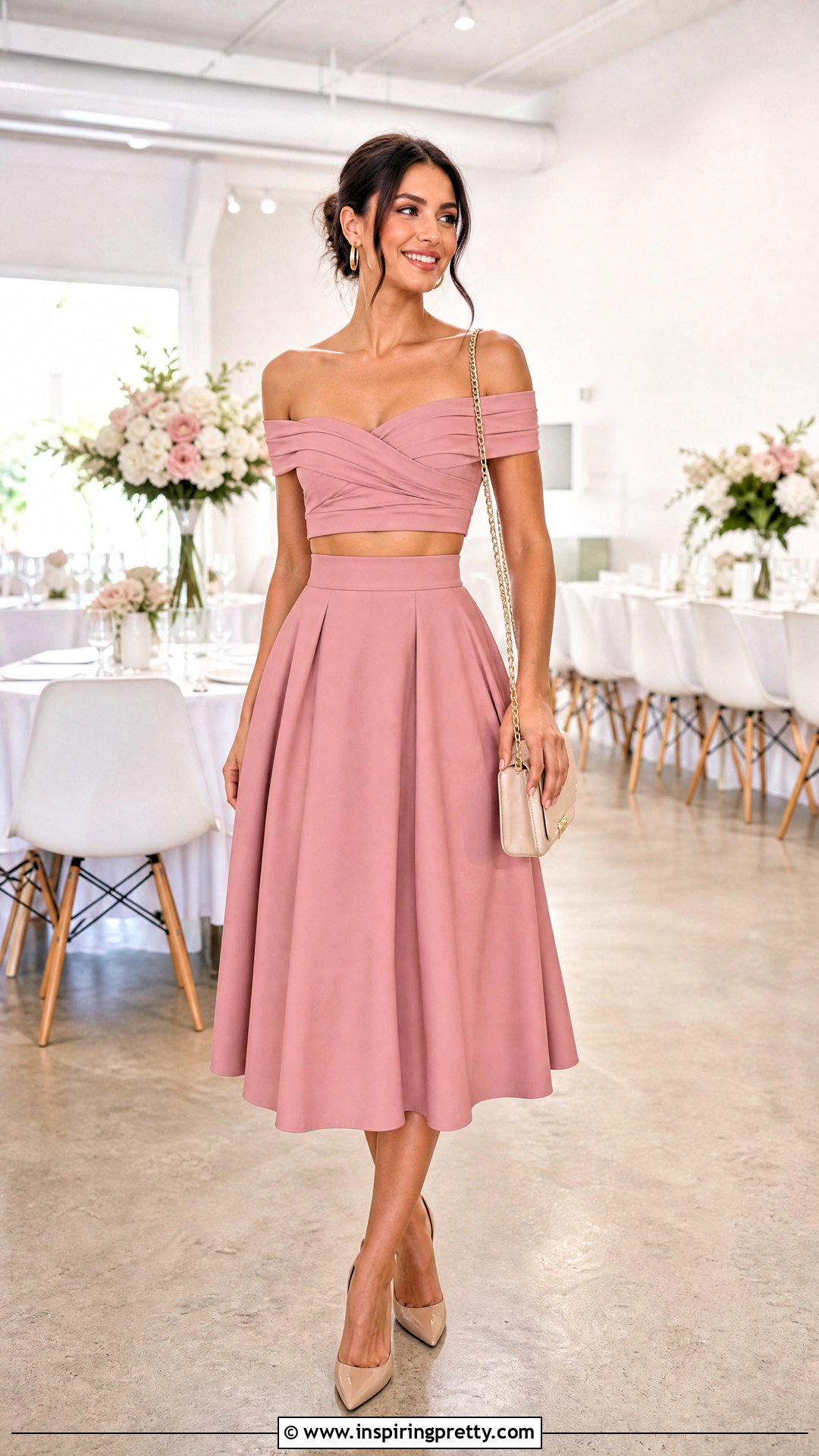 Cropped Off Shoulder Top With High Waisted A Line Skirt - 50 off shoulder top with skirt outfit ideas