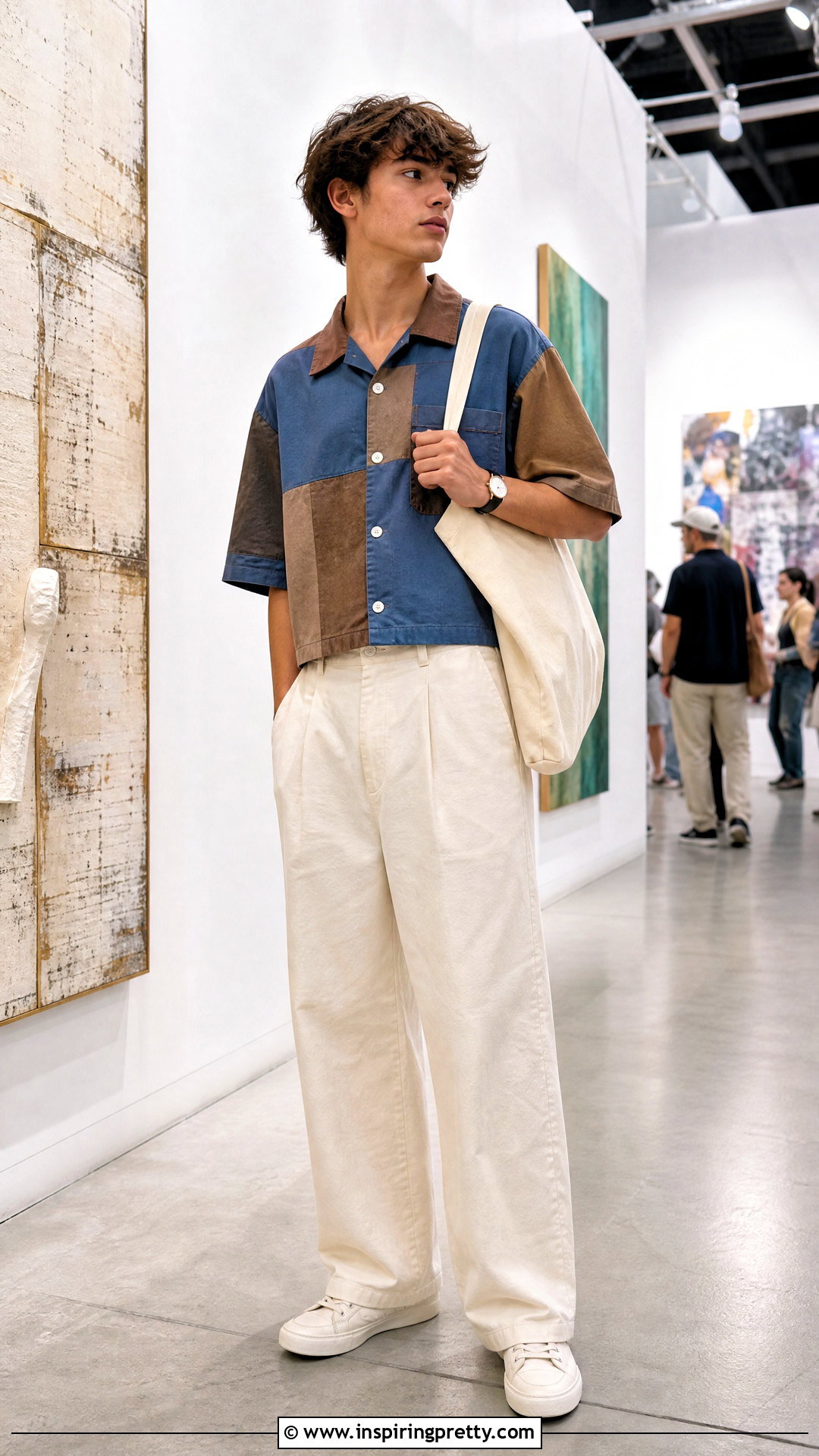 Cropped Patchwork Top With Wide Pants - 50 boys in crop tops outfit ideas