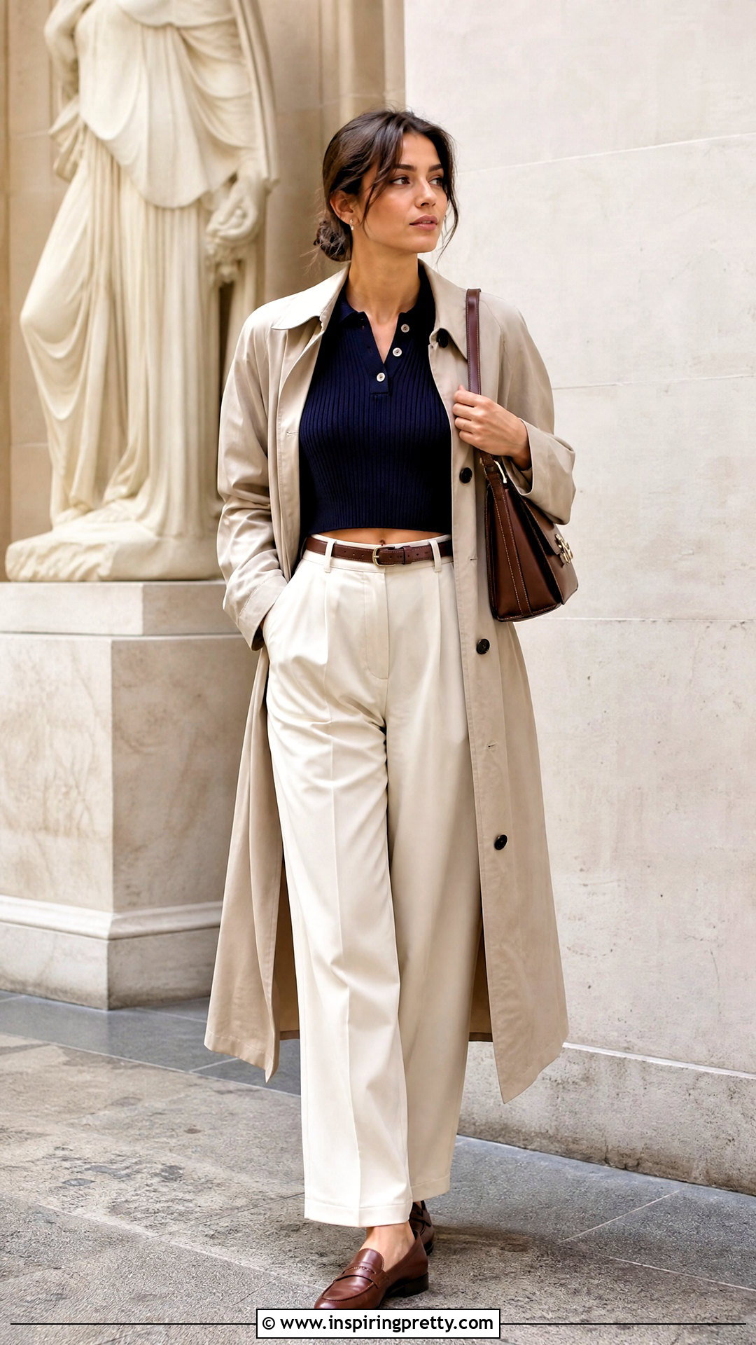 Cropped Polo Top With Pleated Pants - 50 crop tops outfit ideas