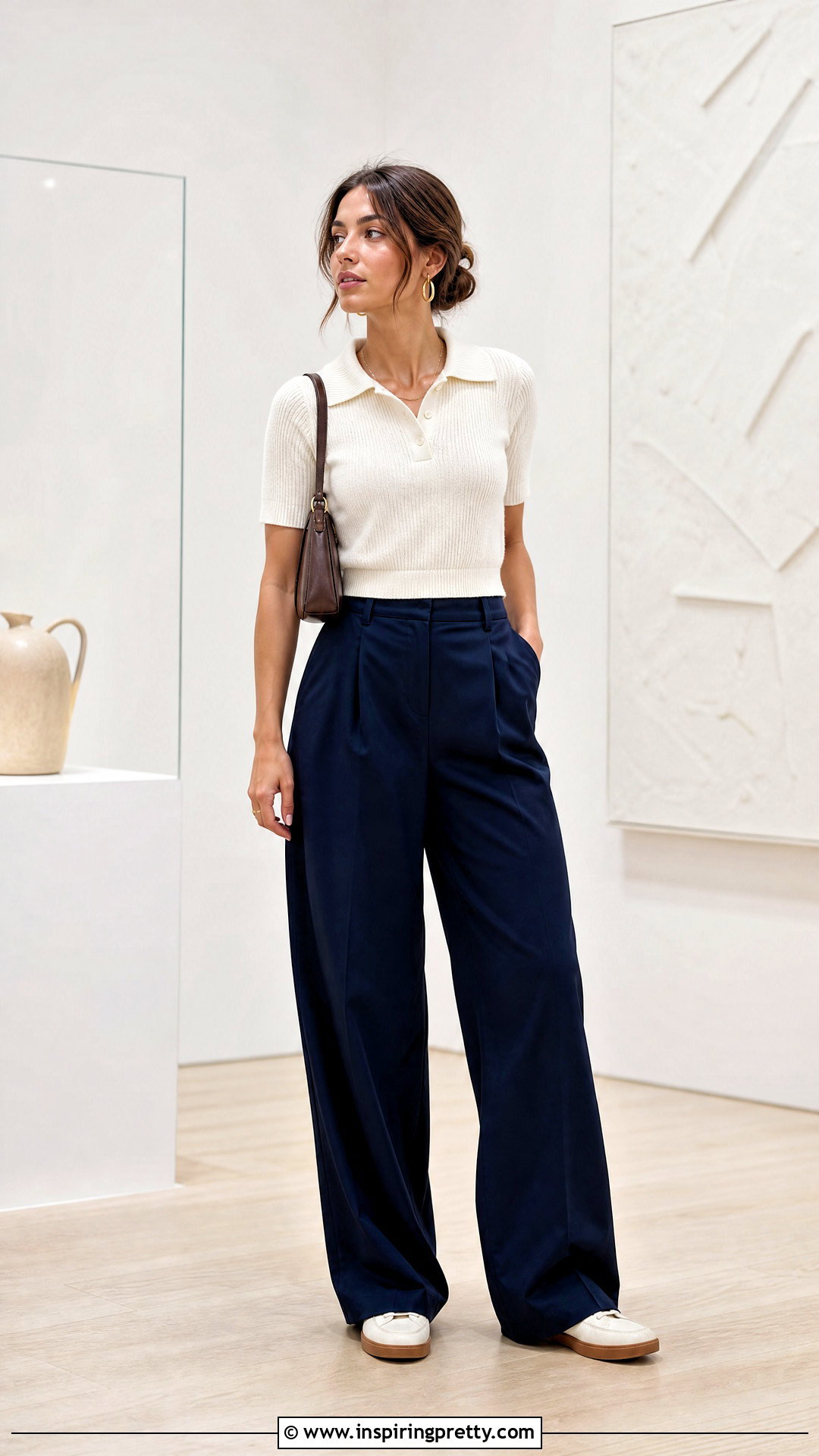 Cropped Polo Top With Wide Leg Pants - 50 preppy tops outfit ideas