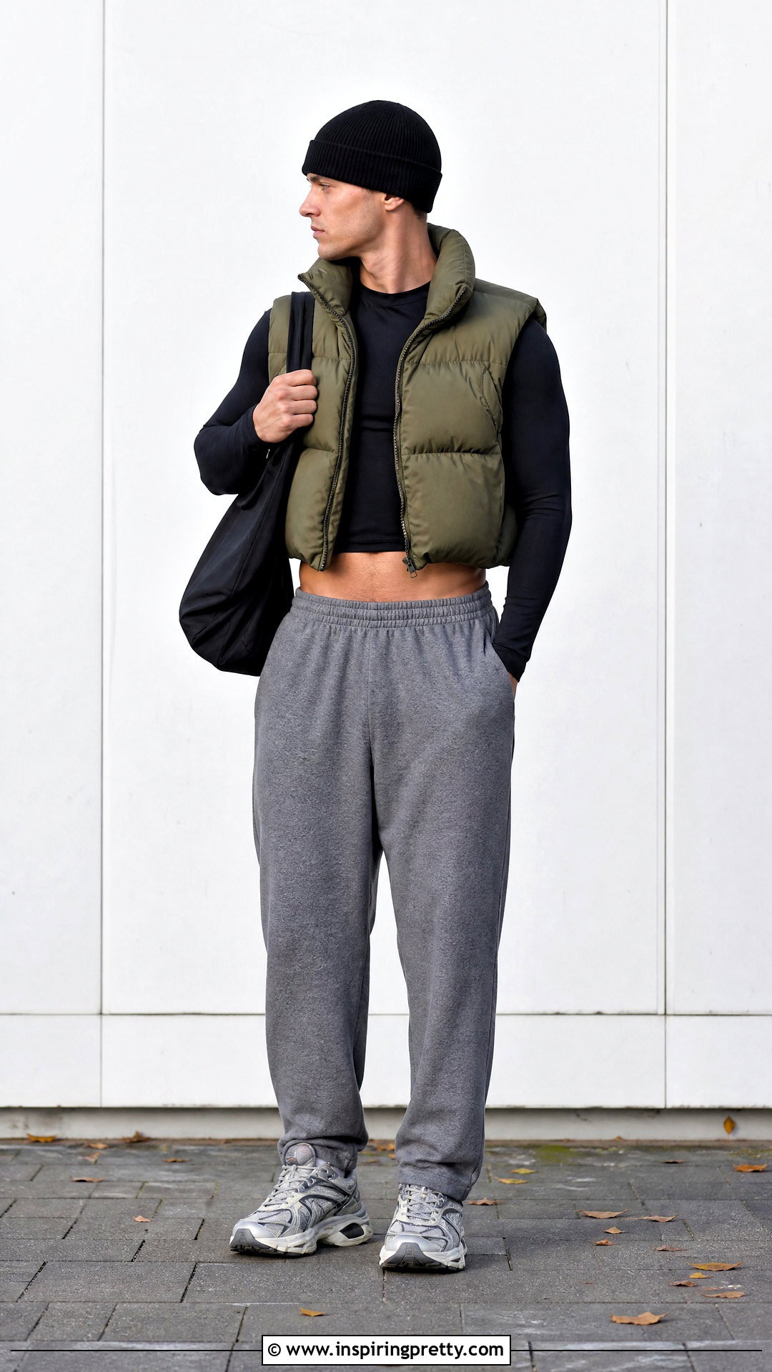 Cropped Puffer Vest With Sweatpants - 50 male crop top outfits