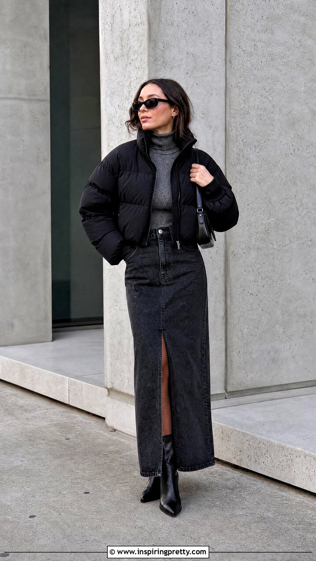Cropped Puffer With A Denim Maxi Skirt - 25 crop top puffer outfit ideas