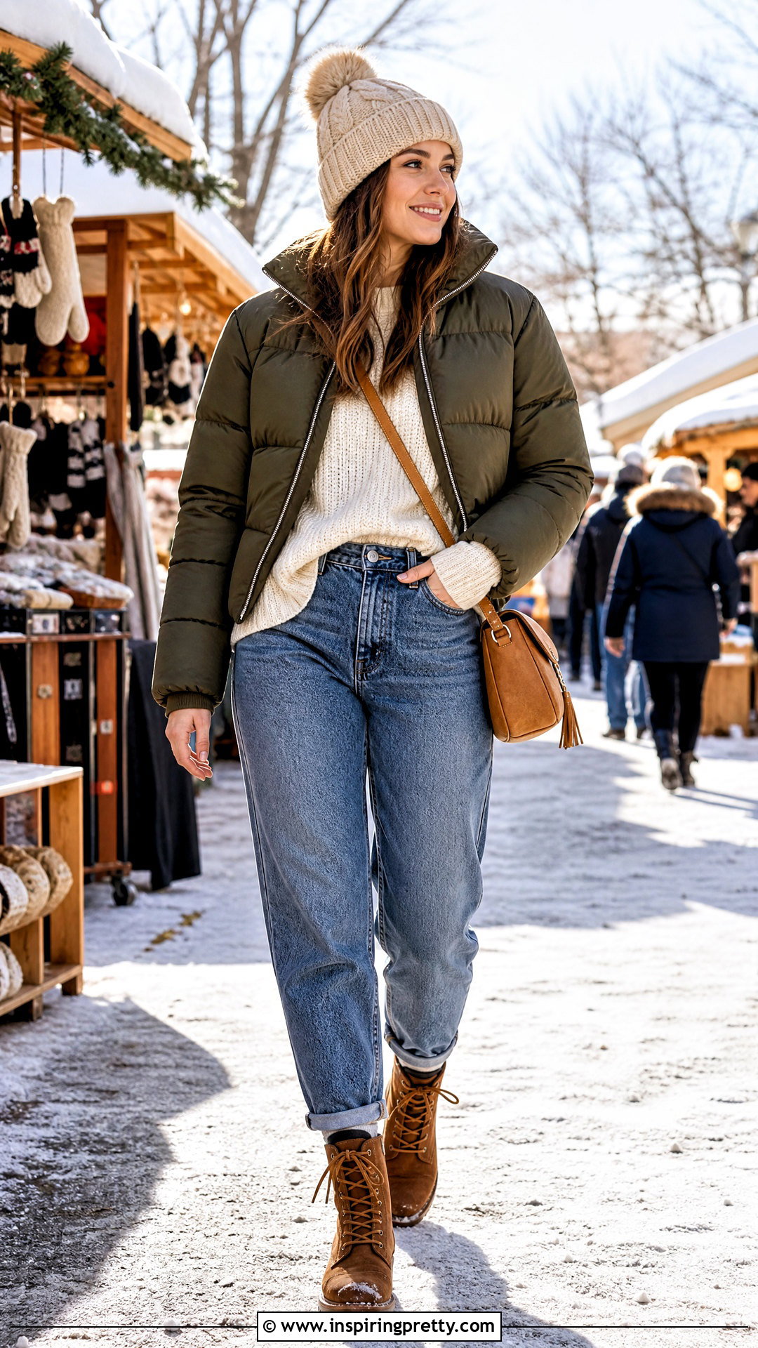 Cropped Puffer With A Sweater And Mom Jeans - 25 crop top puffer outfit ideas