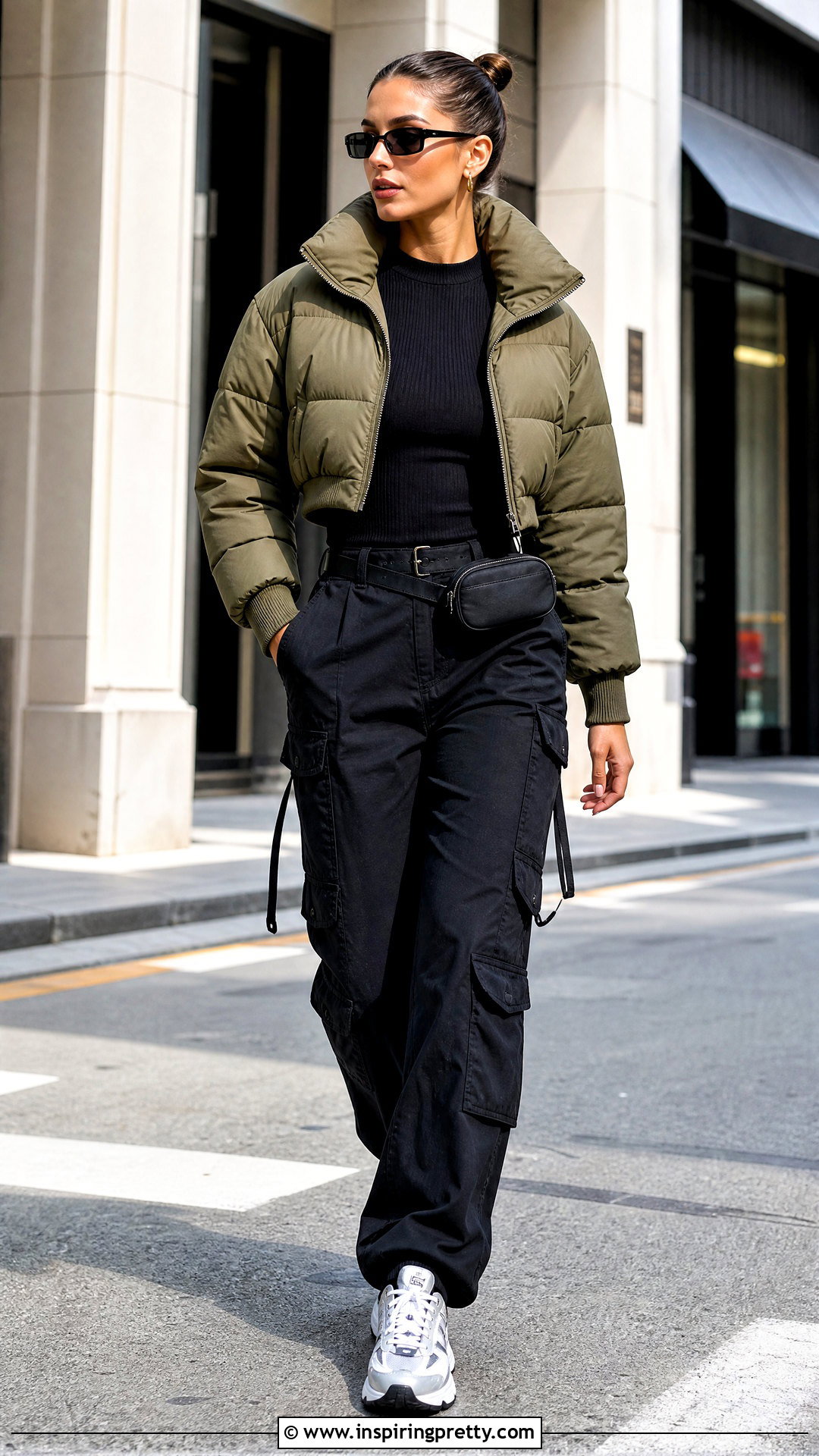 Cropped Puffer With Cargo Pants And Chunky Sneakers - 25 crop top puffer outfit ideas