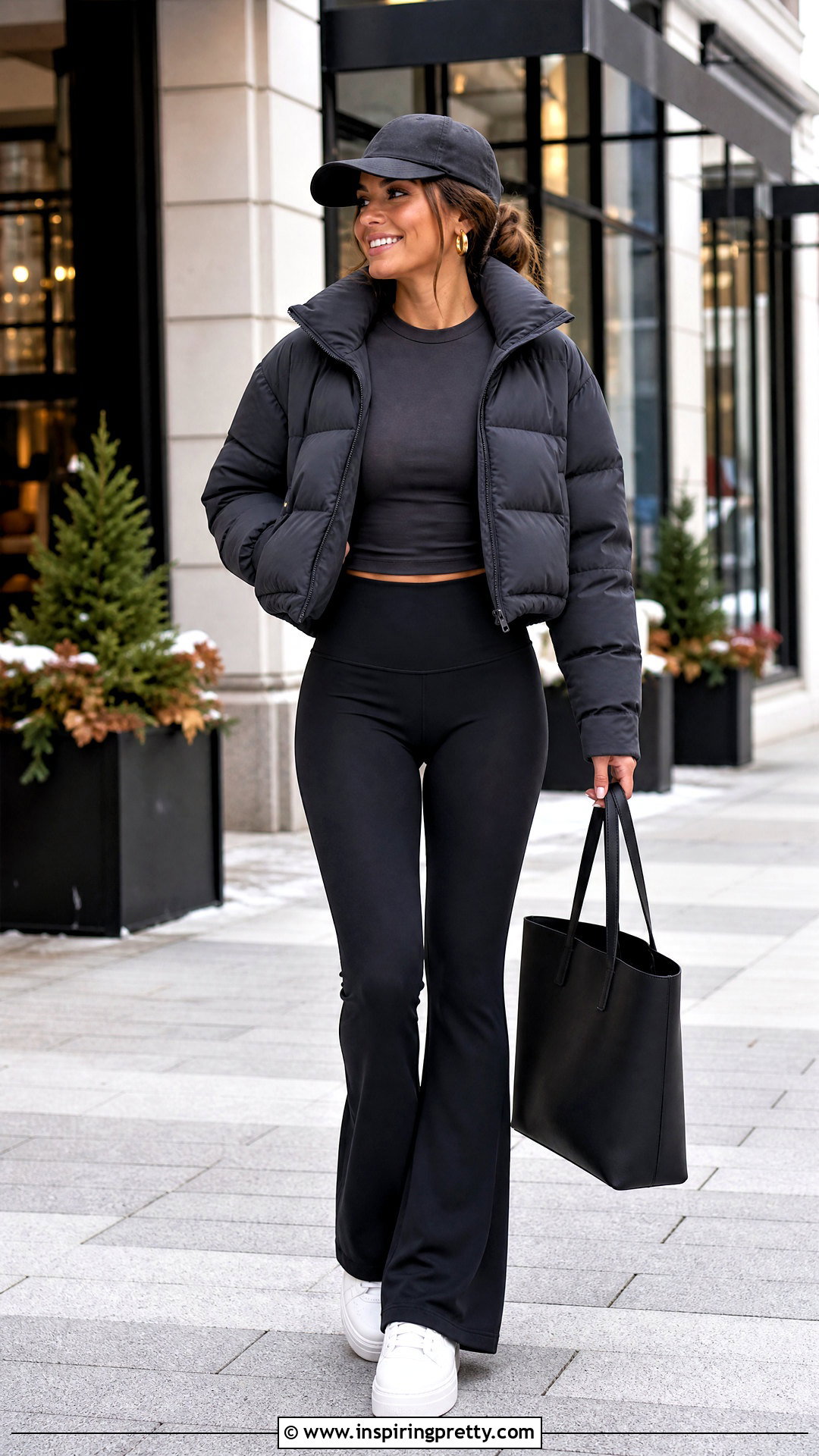 Cropped Puffer With Flared Leggings And Sneakers - 25 crop top puffer outfit ideas