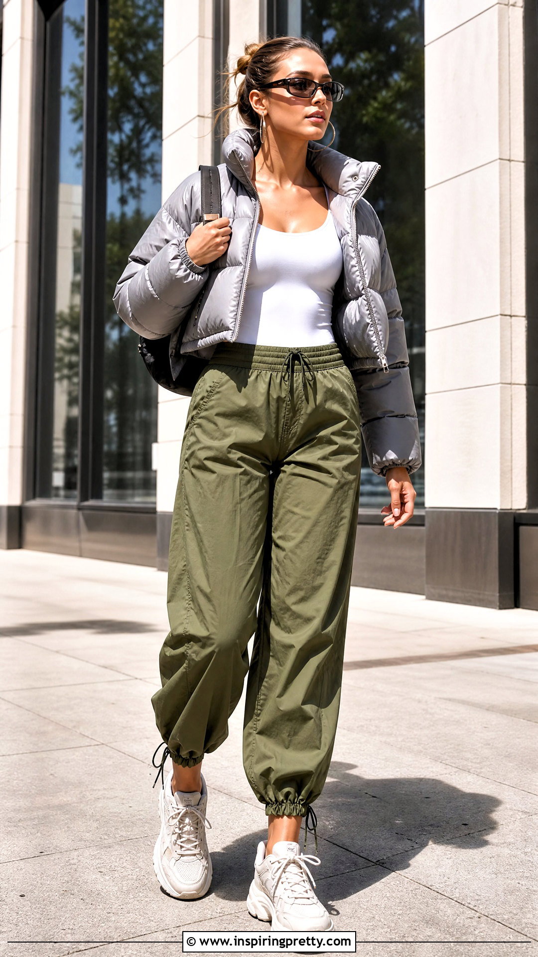 Cropped Puffer With Parachute Pants And Trainers - 25 crop top puffer outfit ideas