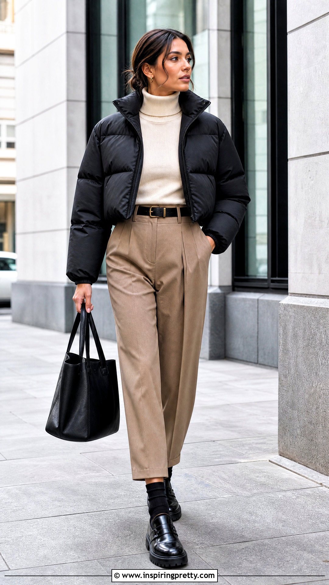 Cropped Puffer With Tailored Trousers And Loafers - 25 crop top puffer outfit ideas