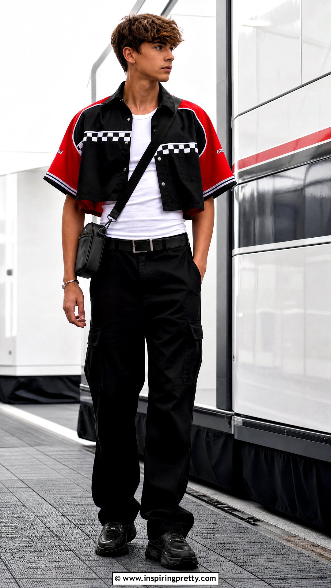 Cropped Racing Shirt With Black Cargos - 50 boys in crop tops outfit ideas