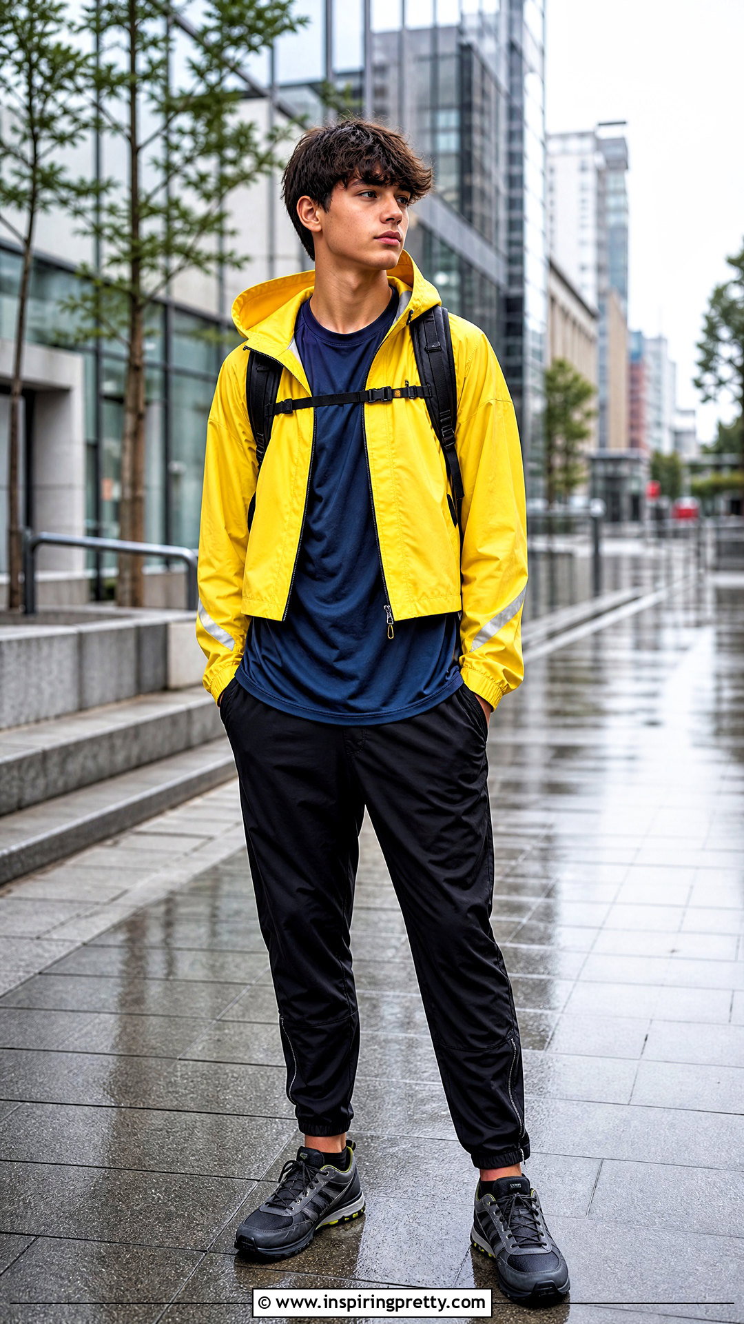 Cropped Rain Jacket With Track Pants - 50 boys in crop tops outfit ideas