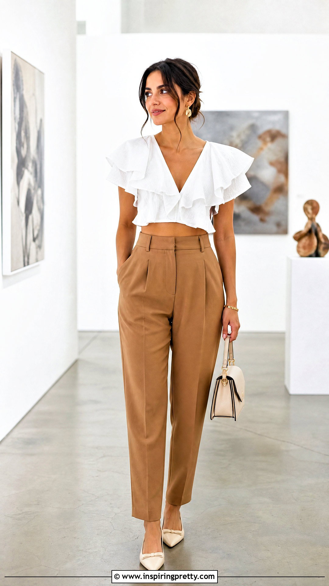 Cropped Ruffle Top With High Waisted Pants - 50 ruffle tops outfit ideas