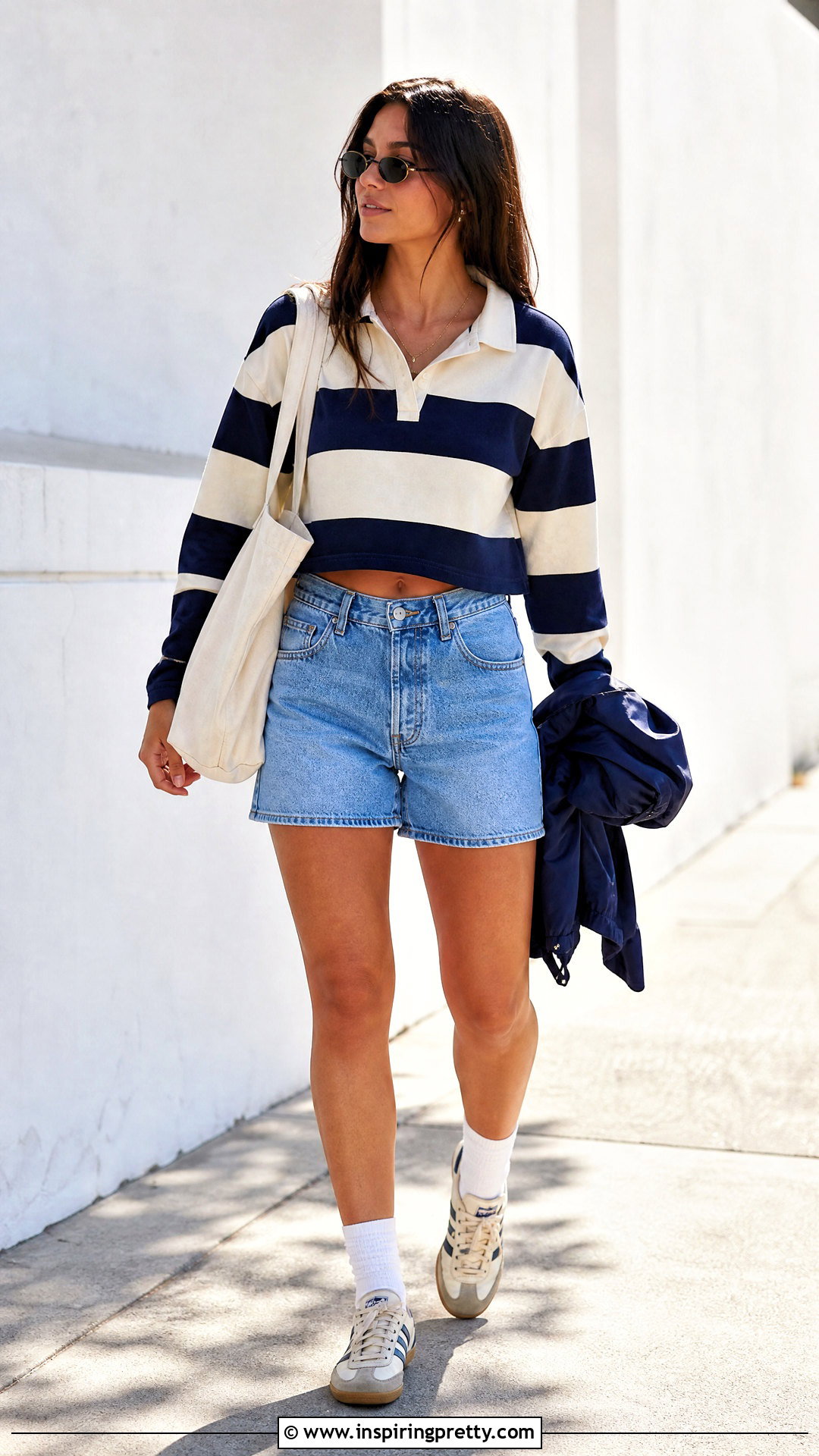 Cropped Rugby Shirt With Denim Shorts - 50 crop top designs