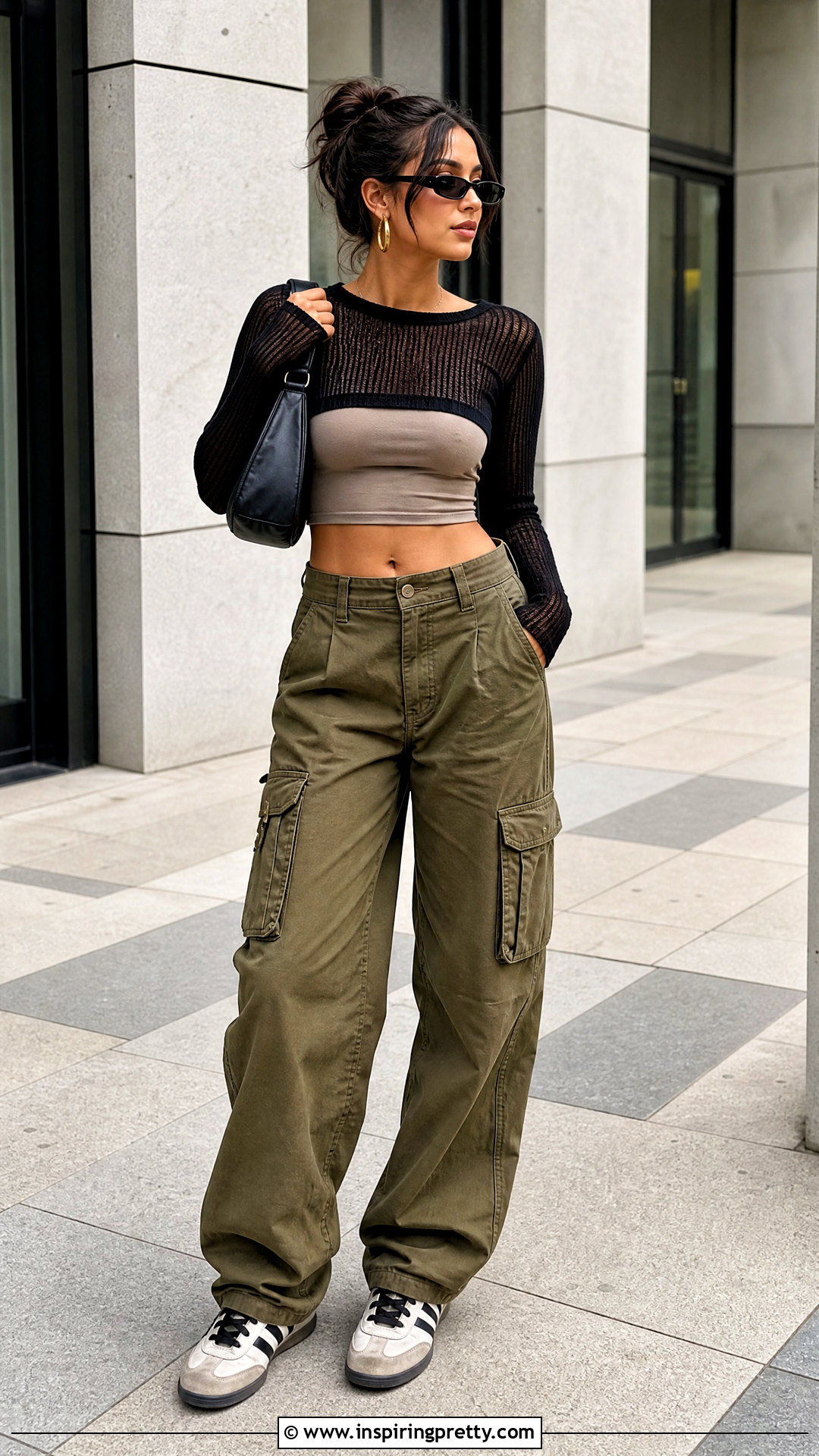 Cropped Sheer Ribbed Top With Cargo Pants - 25 Sheer Ribbed Top Outfit ideas