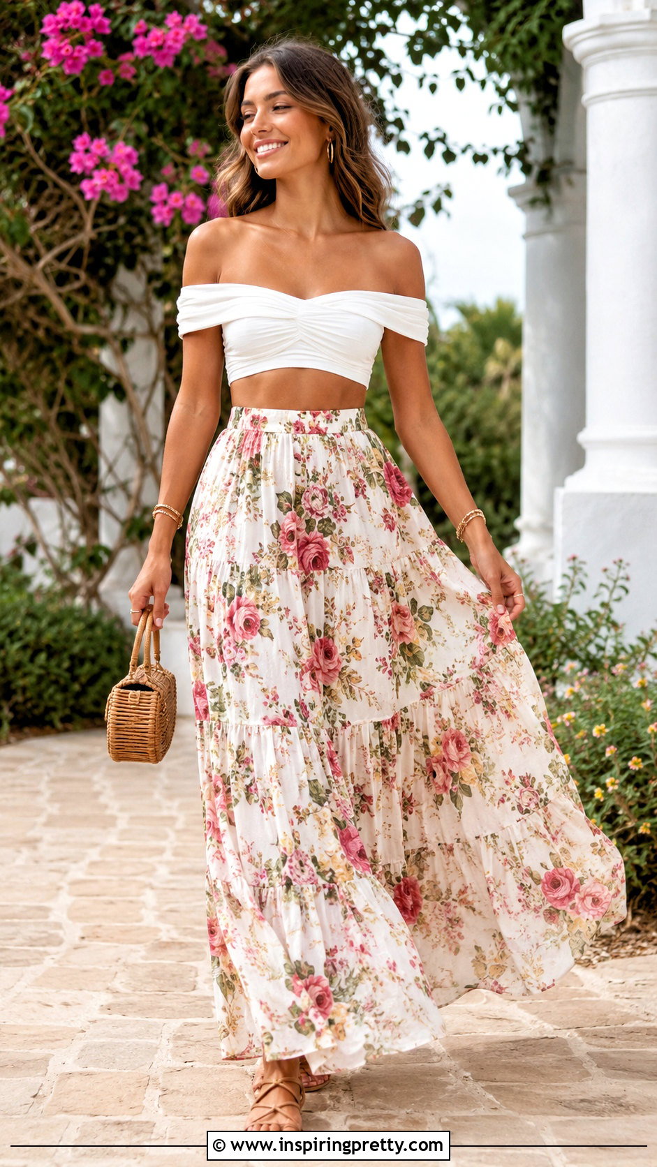 Cropped Shoulderless Top With Maxi Skirt - 50 shoulderless top outfit ideas