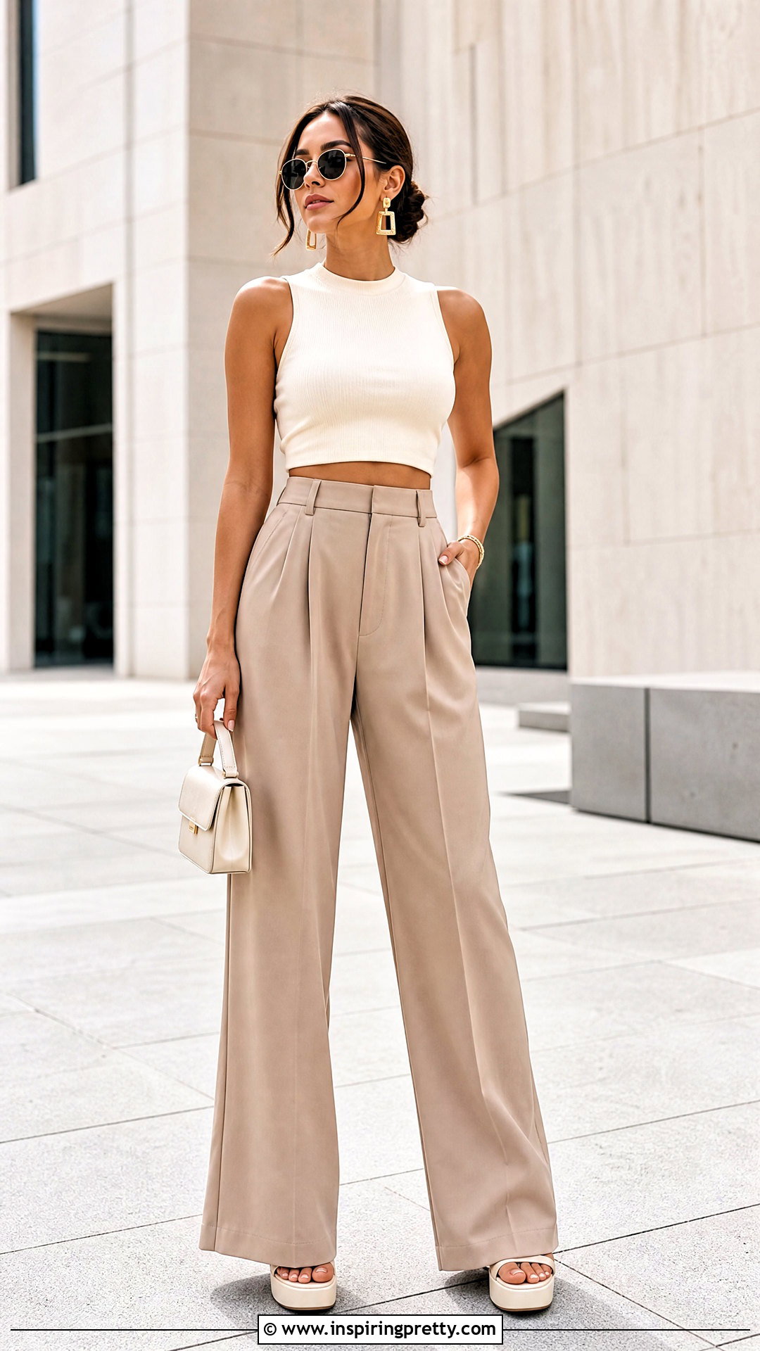 Cropped Sleeveless Top With High Waisted Pants - 50 sleeveless tops outfit ideas
