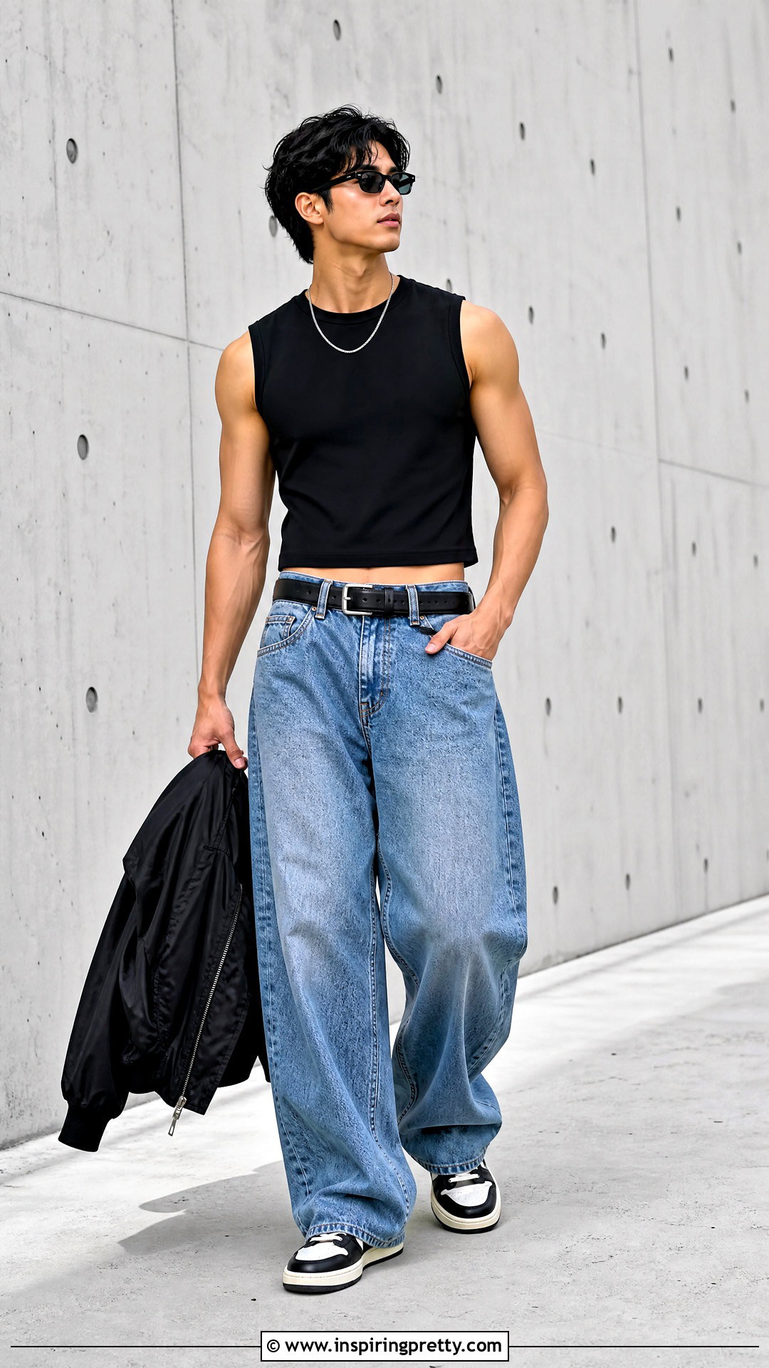 Cropped Sleeveless Top With Wide Leg Jeans - 50 sleeveless top outfit men ideas