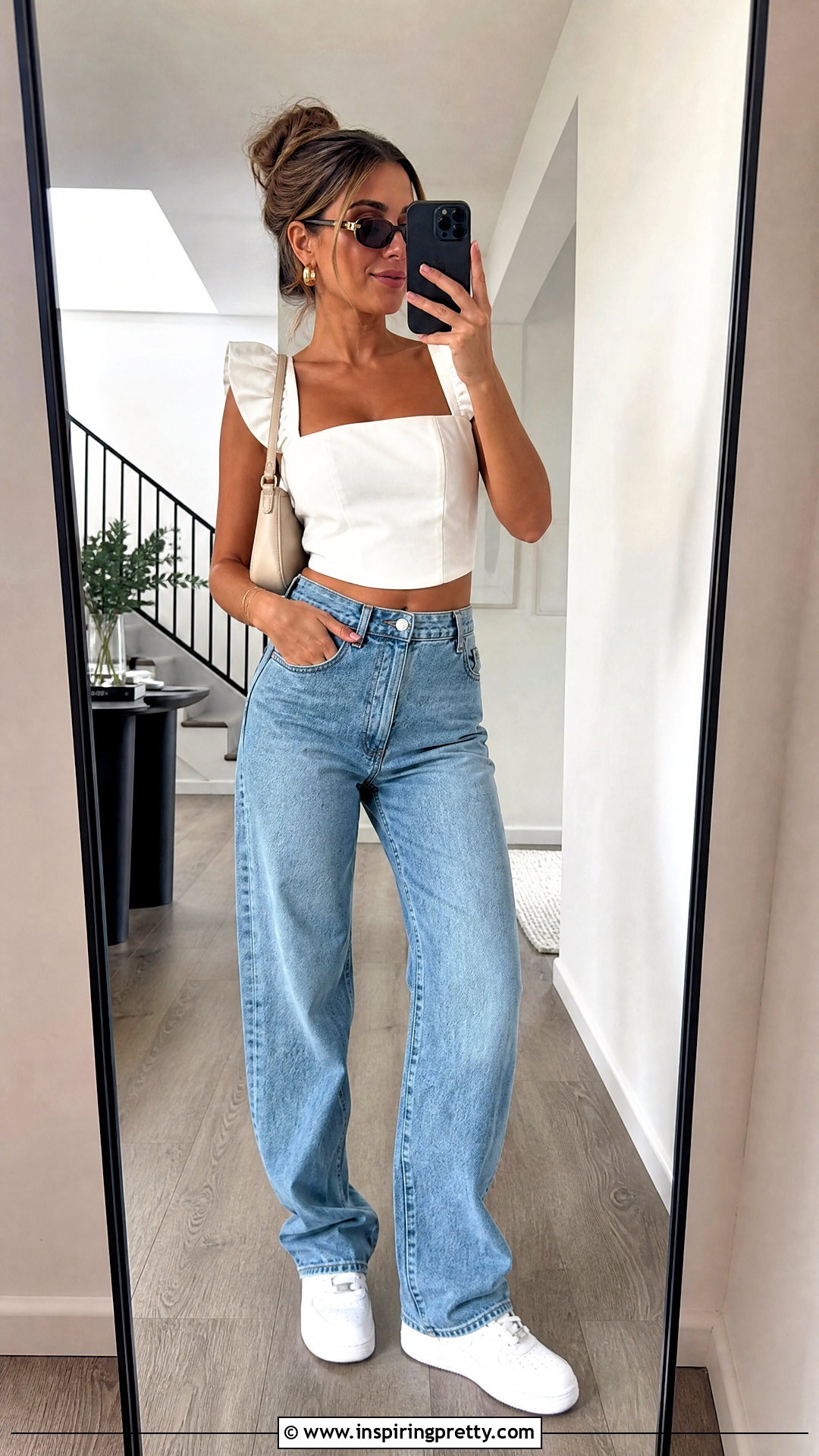 Cropped Structured Ruffle Top With High Waisted Jeans - 20 Structured Ruffle Top outfit ideas