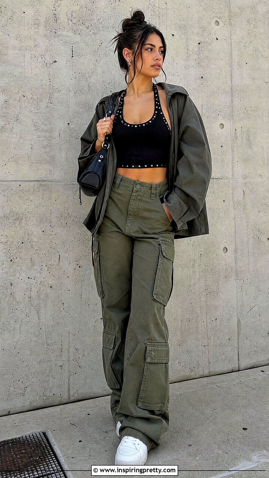 Cropped Stud Trim Top With Cargo Pants - 20 stud trim top outfit ideas