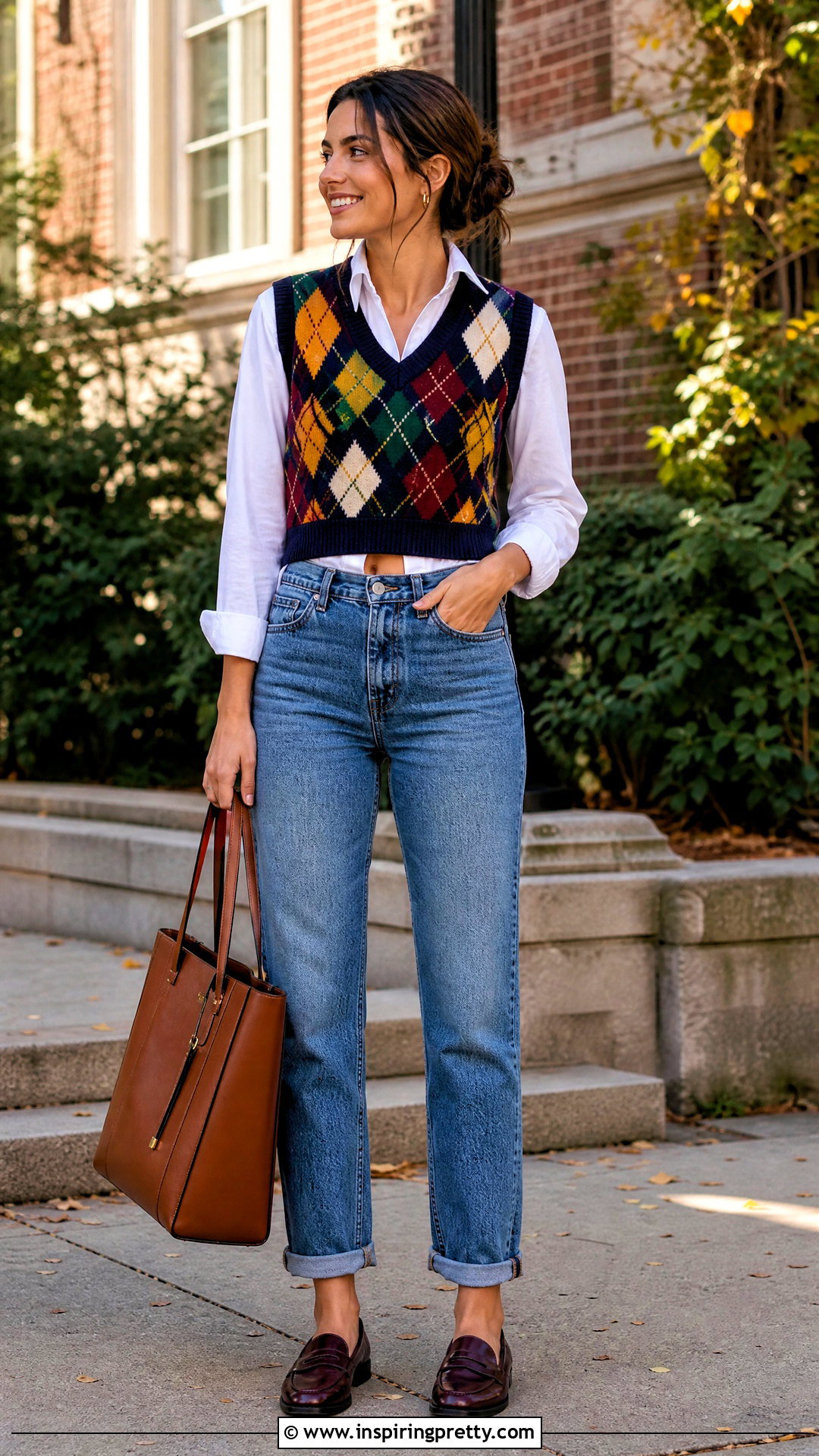 Cropped Sweater Vest With Button Down Shirt And Jeans - 25 perky top outfit ideas