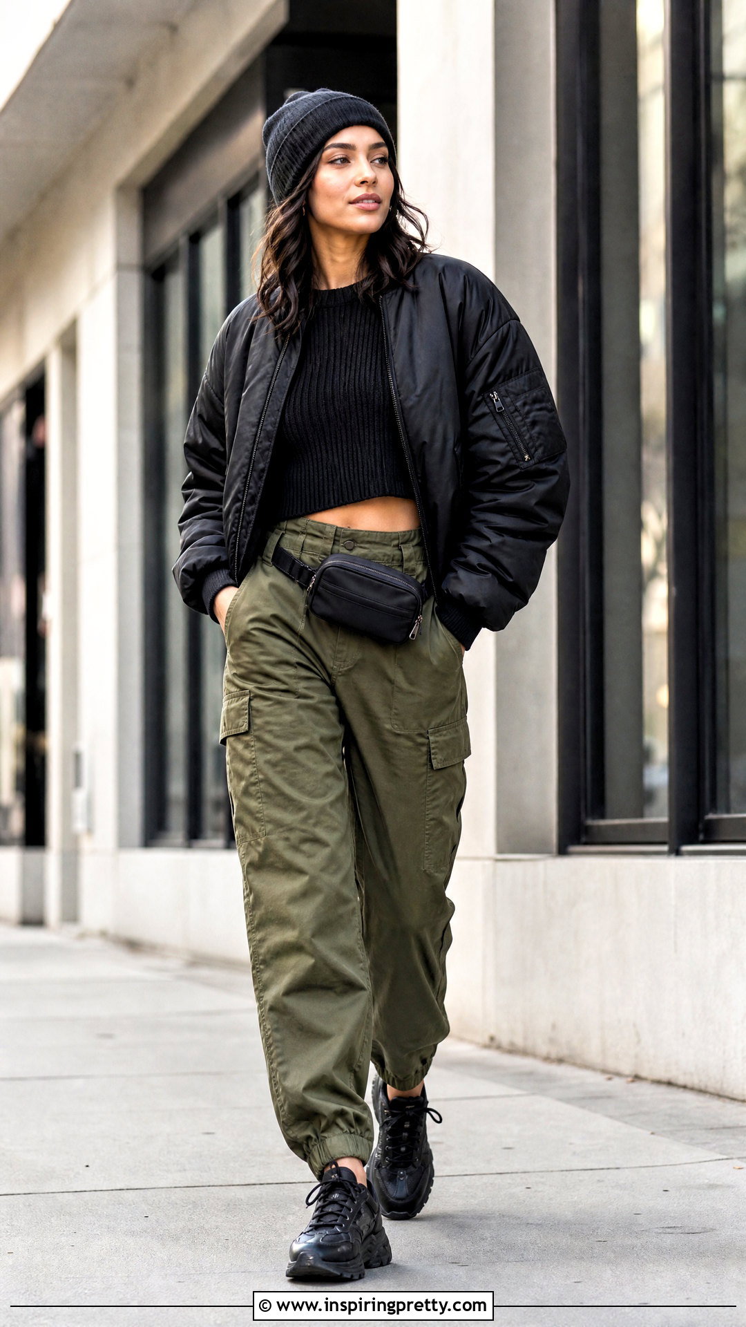 Cropped Sweater With Cargo Pants And Bomber Jacket - 20 crop top winter sweater outfit ideas