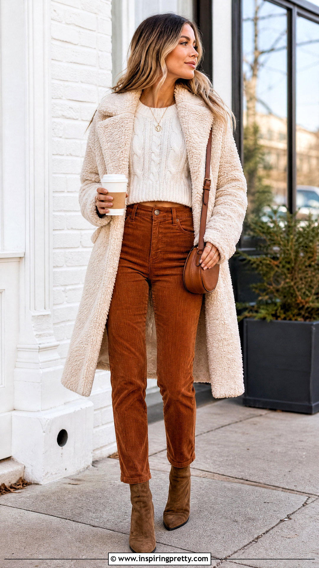 Cropped Sweater With Corduroy Pants And Teddy Coat - 20 crop top winter sweater outfit ideas