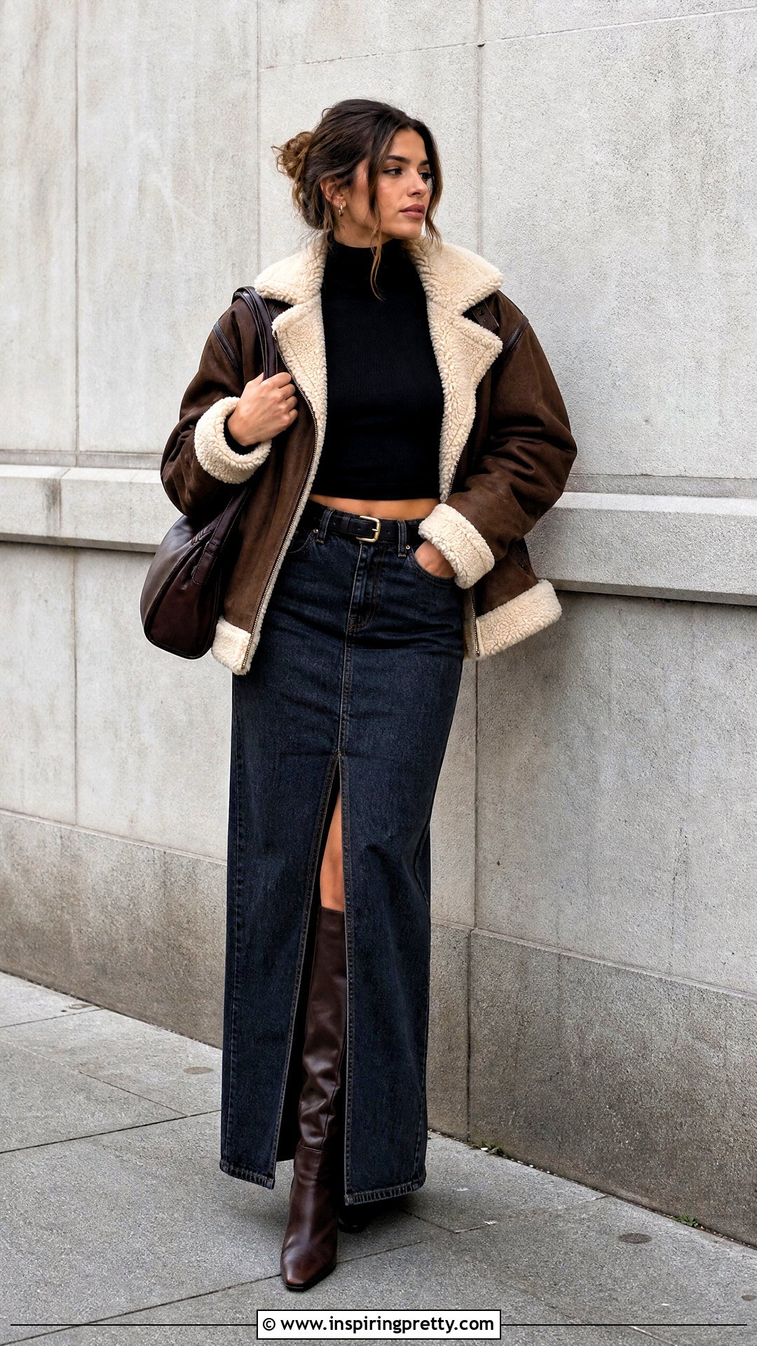 Cropped Sweater With Denim Maxi Skirt And Shearling Jacket - 20 crop top winter sweater outfit ideas