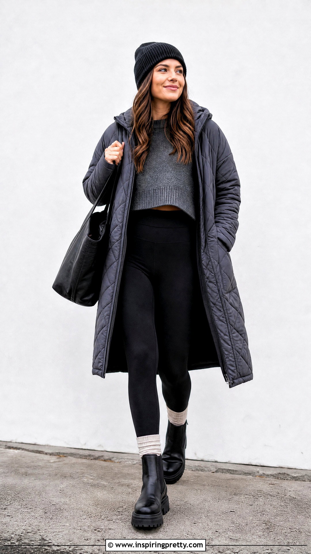 Cropped Sweater With Leggings And Quilted Coat - 20 crop top winter sweater outfit ideas