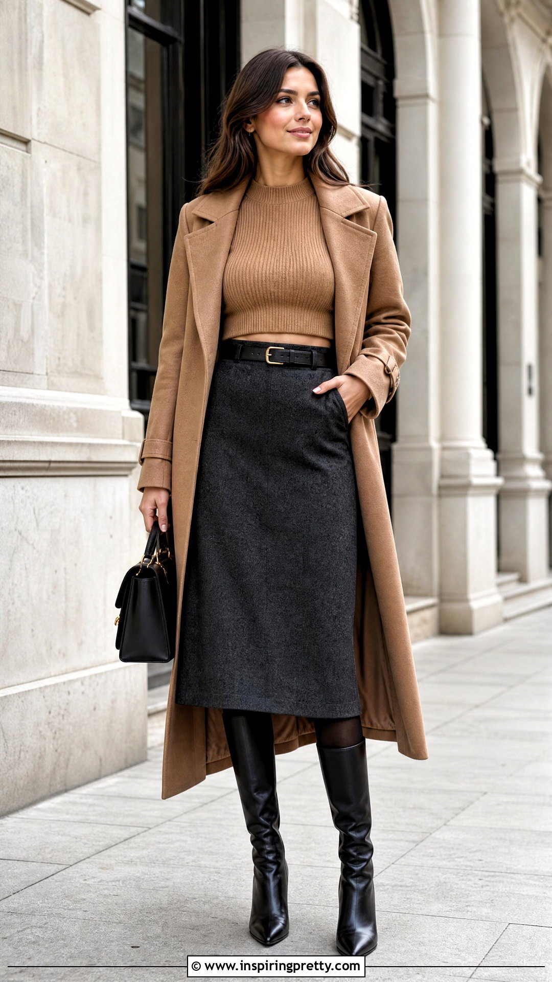 Cropped Sweater With Midi Skirt And Knee High Boots - 20 crop top winter sweater outfit ideas
