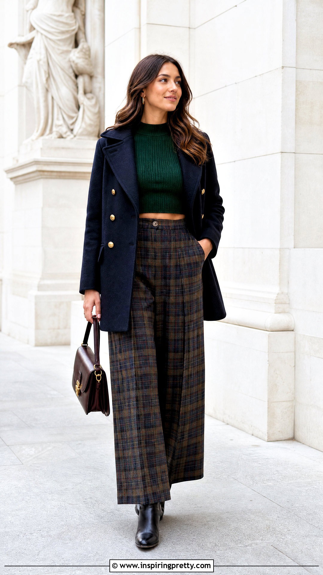 Cropped Sweater With Plaid Trousers And Peacoat - 20 crop top winter sweater outfit ideas